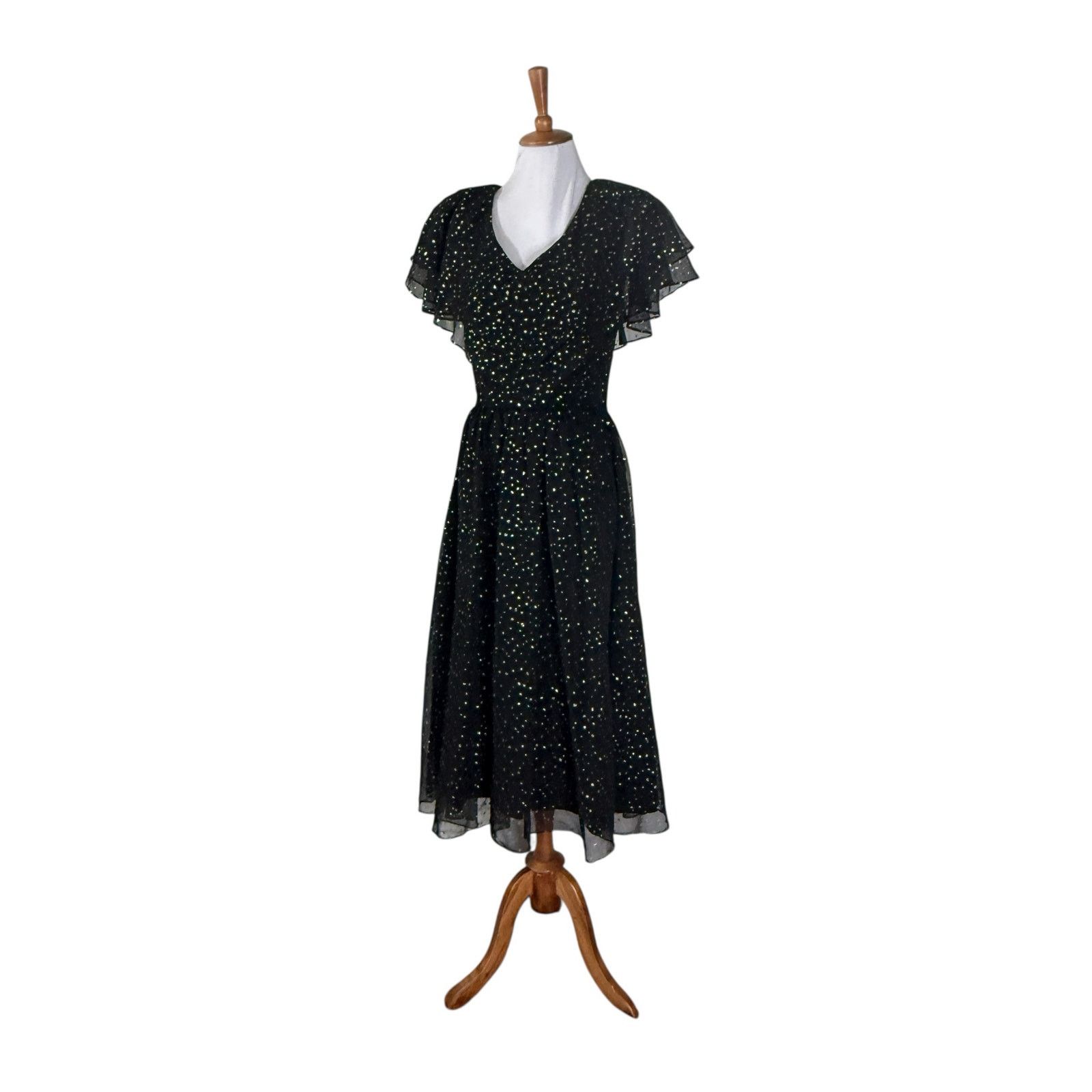Vintage Vintage 80s Black Gold Glitter Midi Flutter Sleeve Dress S/M Size M / US 6-8 / IT 42-44 - 2 Thumbnail