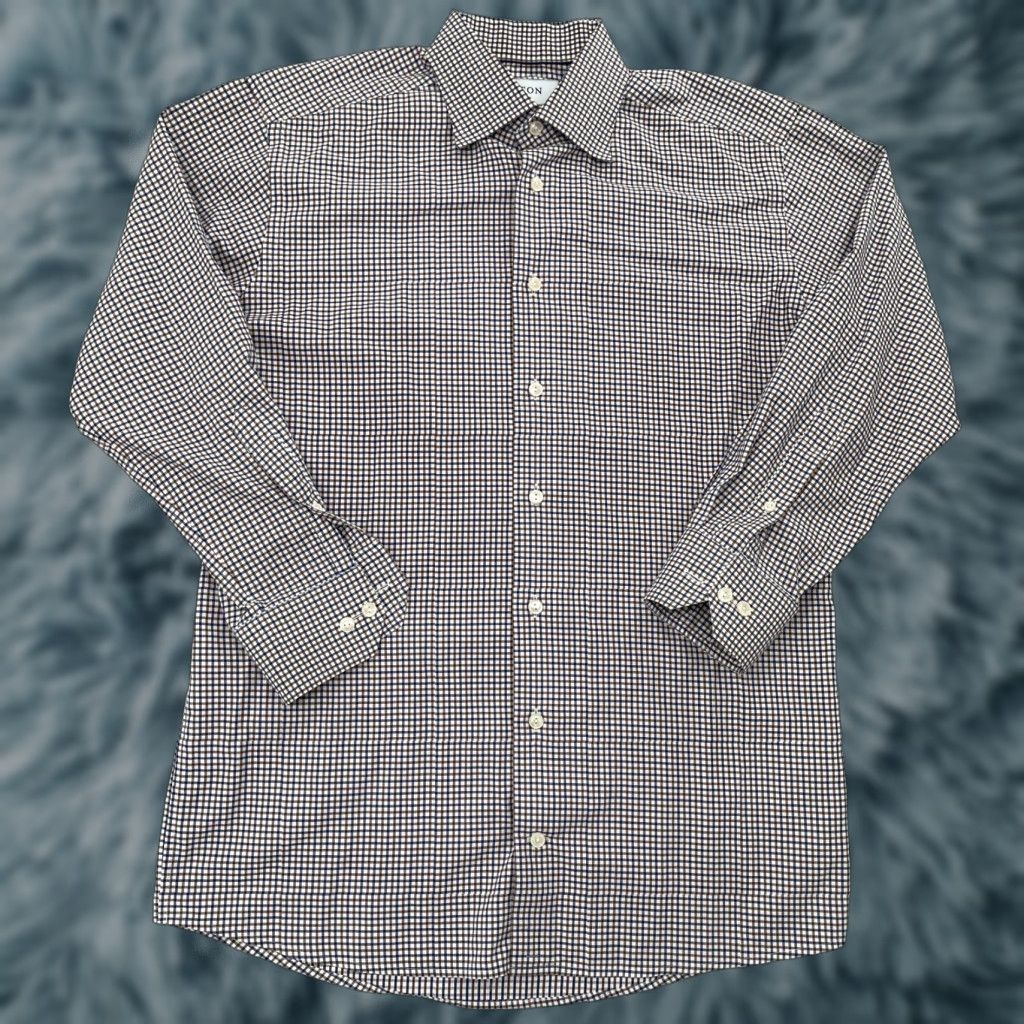 Eton Shirt Adult L Slim Multicolor Blue Brown Check Button Up Long Sleeve Mens