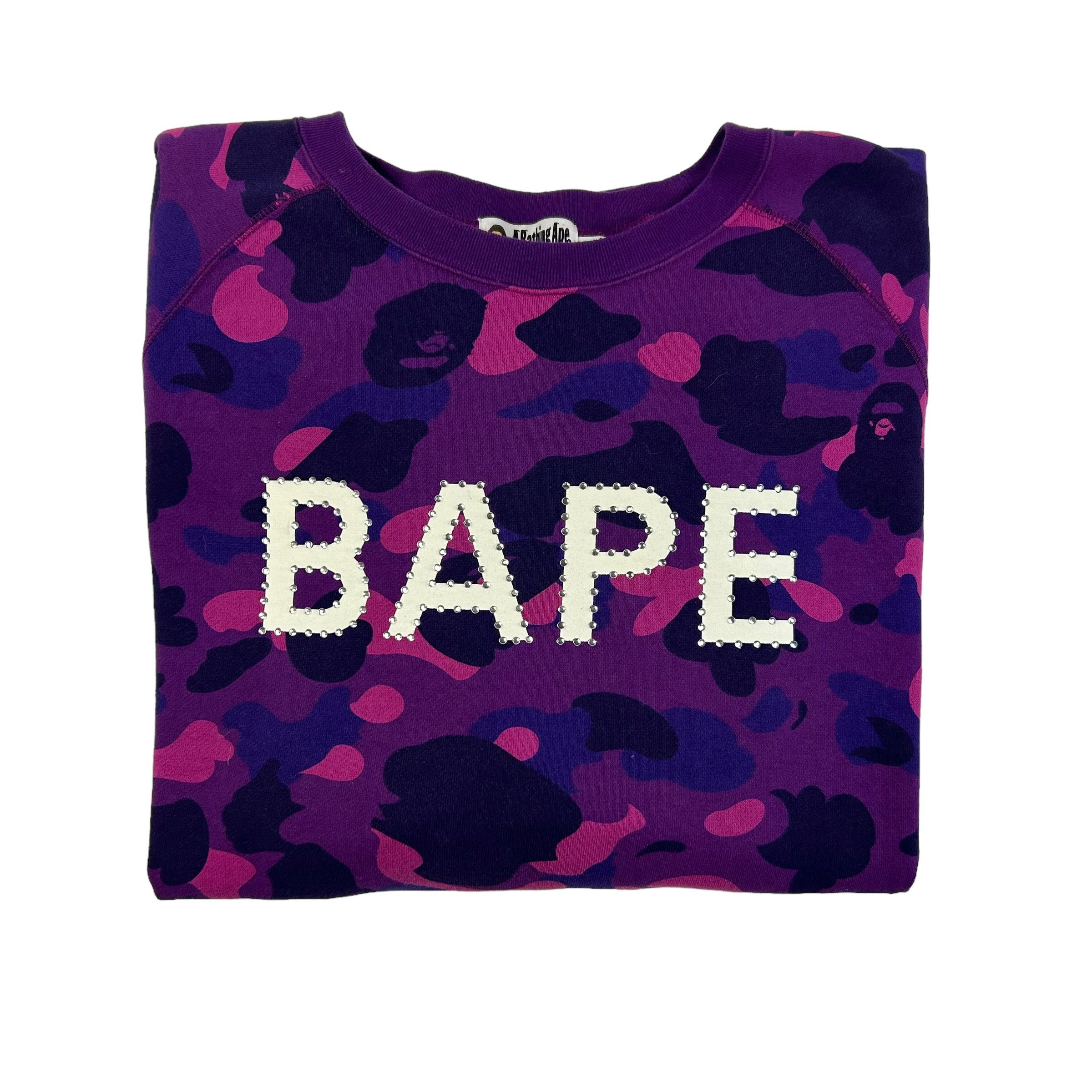 image of Bape Swarovski Spellout Purple Camo Sweatshirt, Men's (Size 2XL)