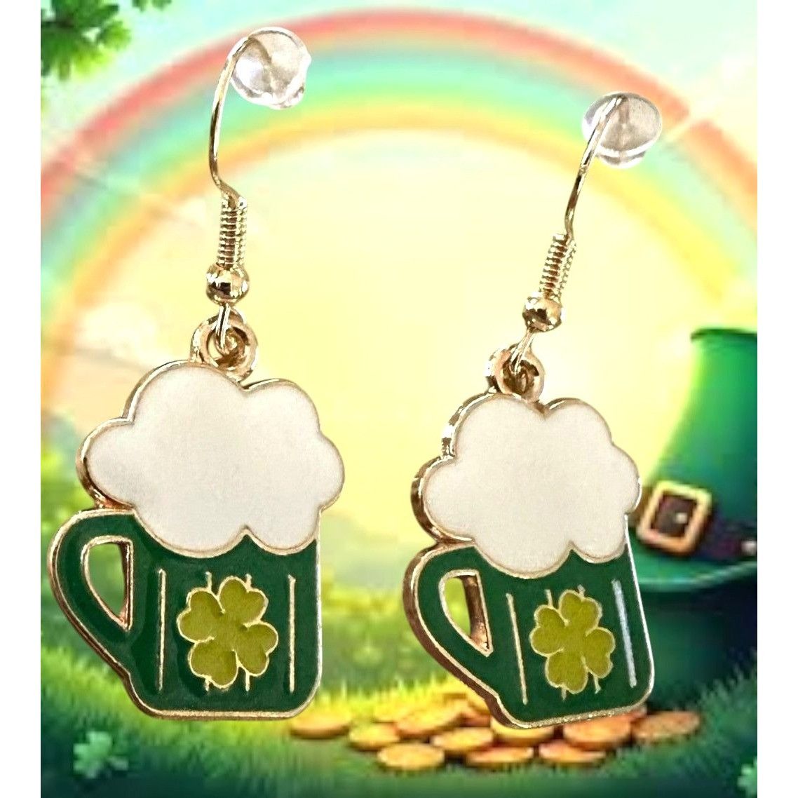 Handmade St Patricks Day Earrings Beer Four Leaf Clover Dangle Hooks Size ONE SIZE - 9 Thumbnail