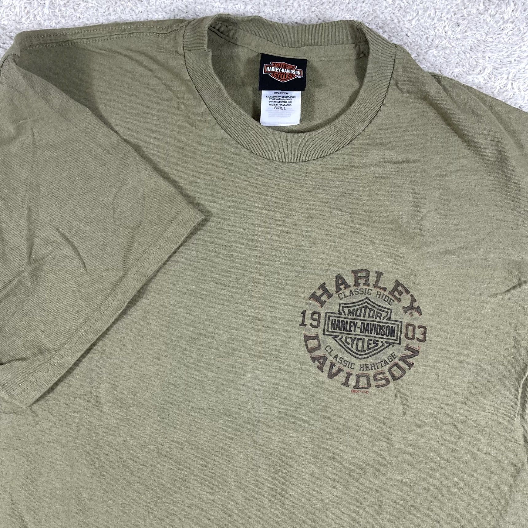 Harley Davidson Harley-Davidson T-Shirt Mens Large Olive Green Biker Y2K Savannah Grunge Skate Short Sleeve Crew Neck Cotton Graphic Print Size US L / EU 52-54 / 3 - 2 Thumbnail
