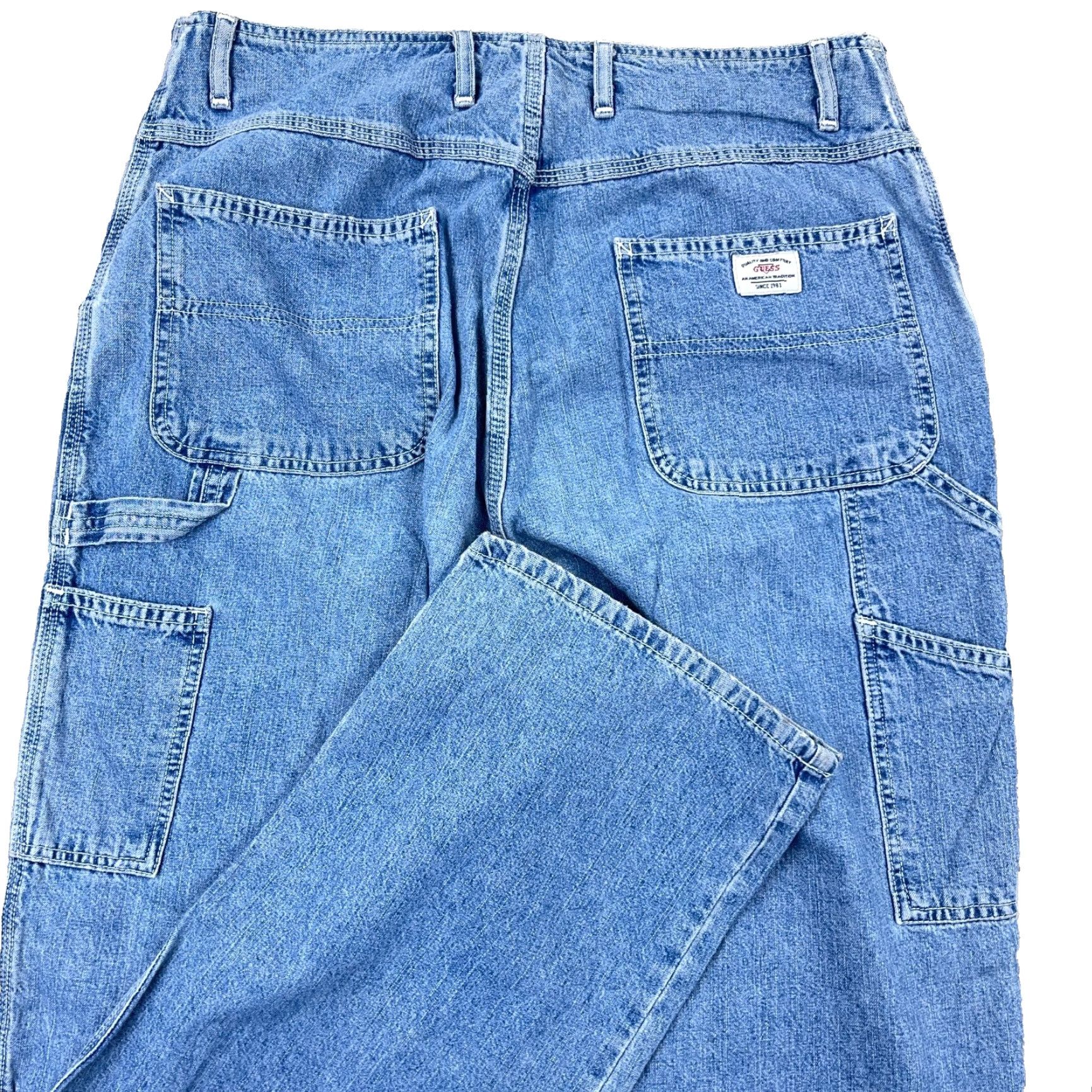 Guess VINTAGE GUESS Jeans Carpenter 32x31 Men Distressed 90s Grunge Blue Denim Leather Patch Relaxed Fit Jeans Mens Size US 32 / EU 48 - 2 Thumbnail