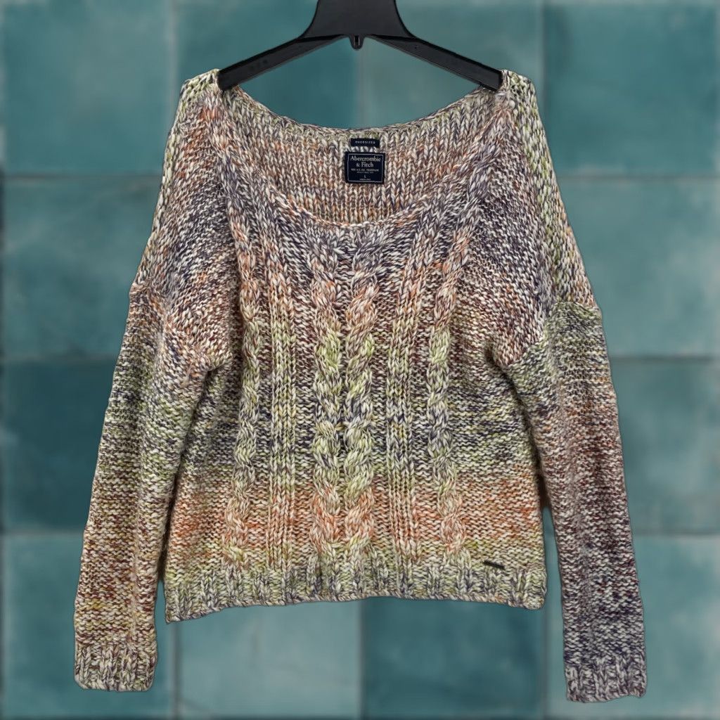 Abercrombie & Fitch Abercrombie & Fitch Oversized Cable Knit Sweater Large Rainbow Wool Boat Neck Pullover Women Size L / US 10 / IT 46 - 1 Thumbnail