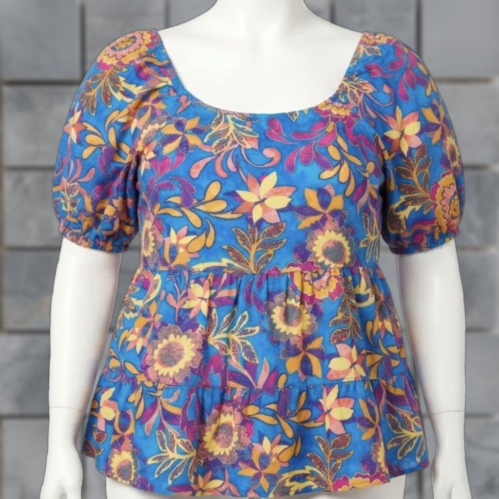 Vintage Terra & Sky Blouse Womens Plus 1X Blue Yellow Pink Puff Sleeve Scoop Neck Tunic Floral Ruffle Elastic Waist Casual Pullover Size XL / US 12-14 / IT 48-50 - 1 Thumbnail