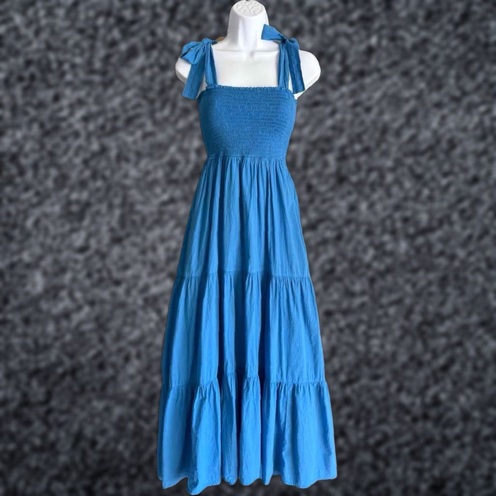 Xirena Lorraine Dress Blue Maxi XS Women Smocked Bodice Tie Straps Tiered