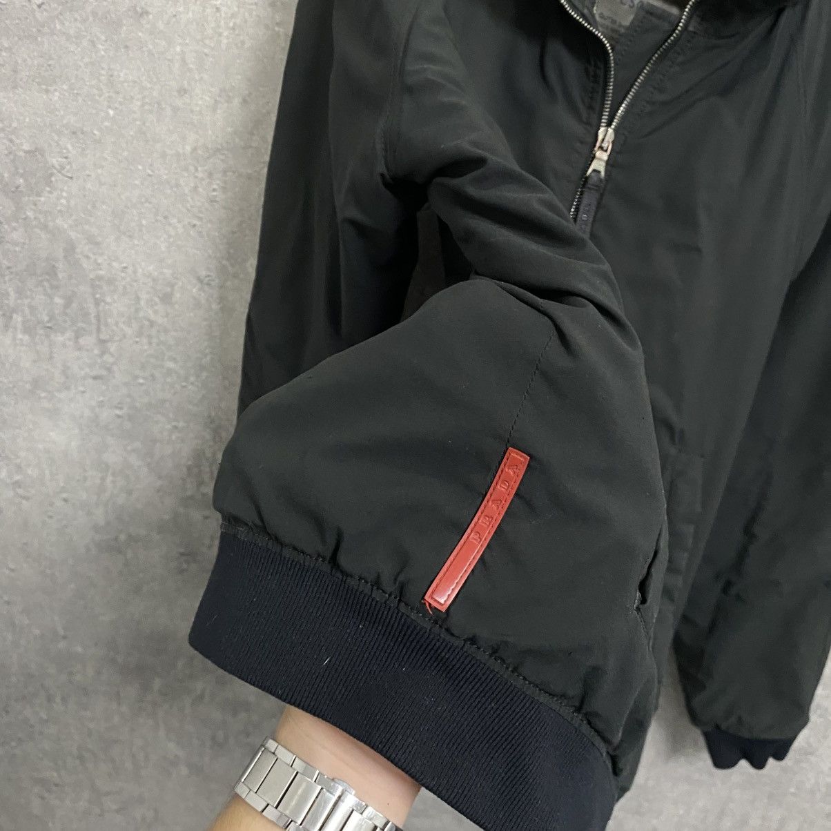 Prada Nylon Red Tab Black Bomber Jacket