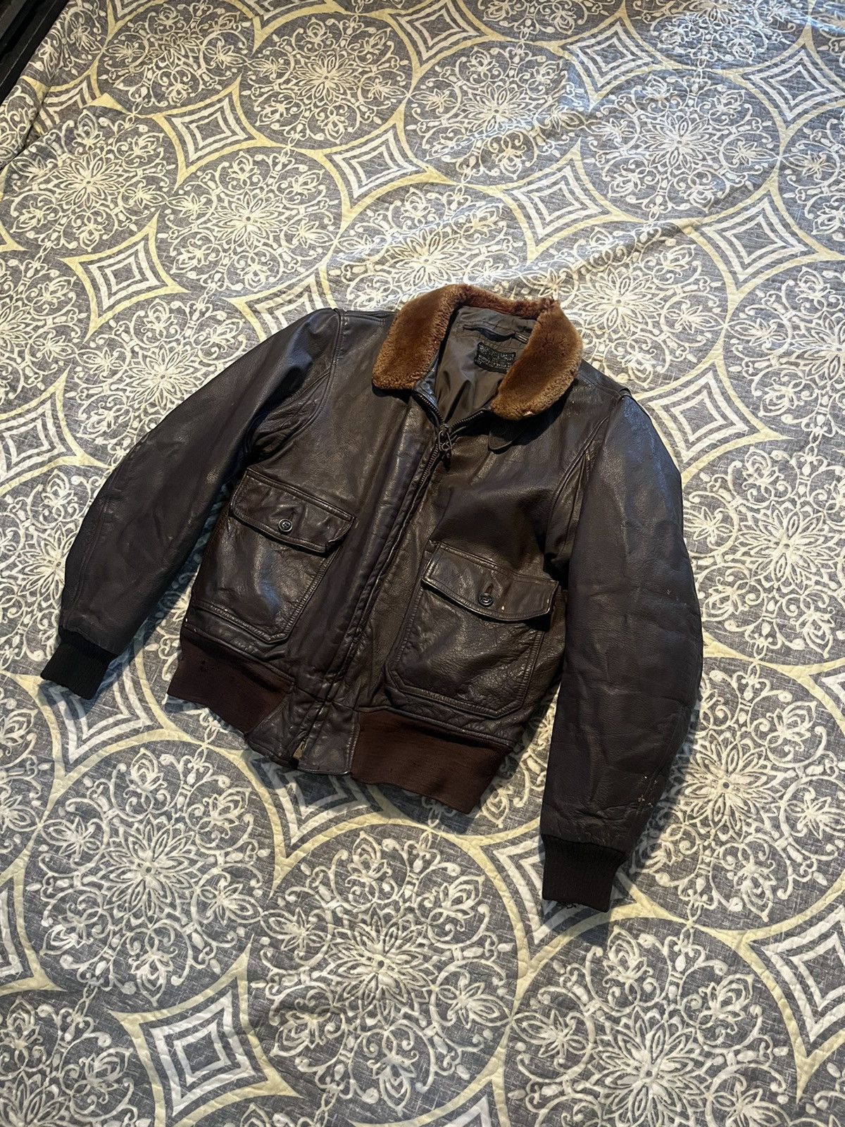image of American Apparel x Military 1940’S-50’S Military Leather Bomber in Brown, Men's (Size Medium)