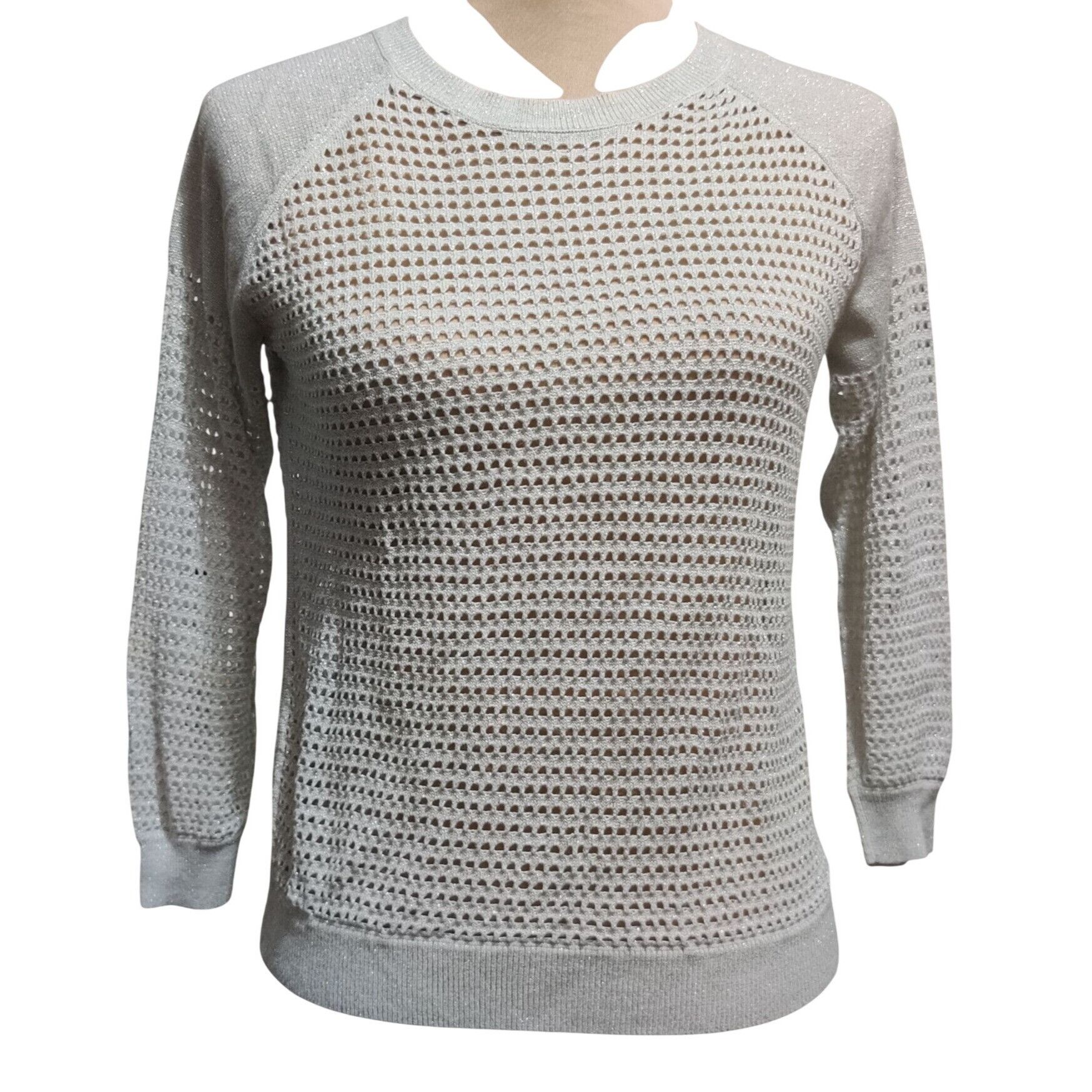 Express Express S Womens Sweater Silver Metallic Open Knit Pullover Size S / US 4 / IT 40 - 2 Thumbnail