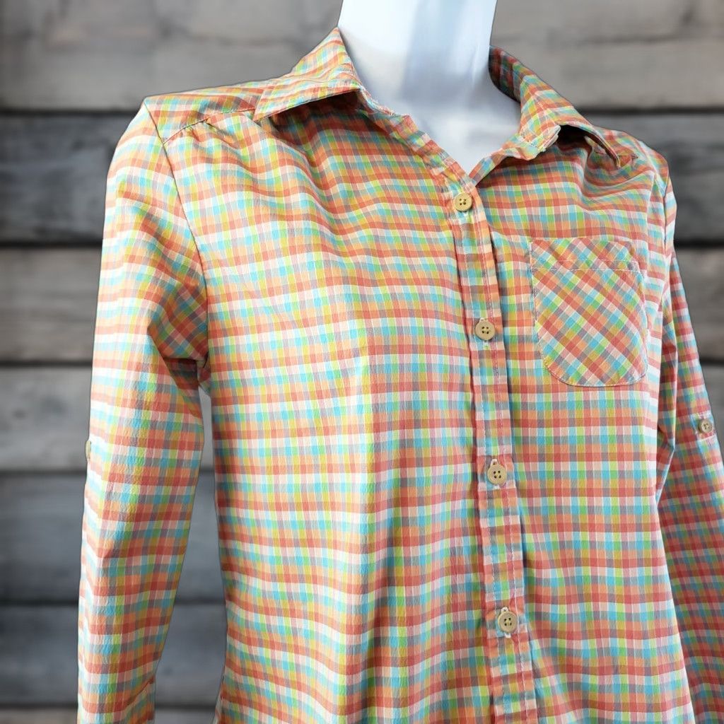 Vintage Lucy Womens Button Front Shirt XS Orange Blue Checkered Long Sleeve Vented Carded Vintage: No Casual Size XS / US 0-2 / IT 36-38 - 1 Thumbnail