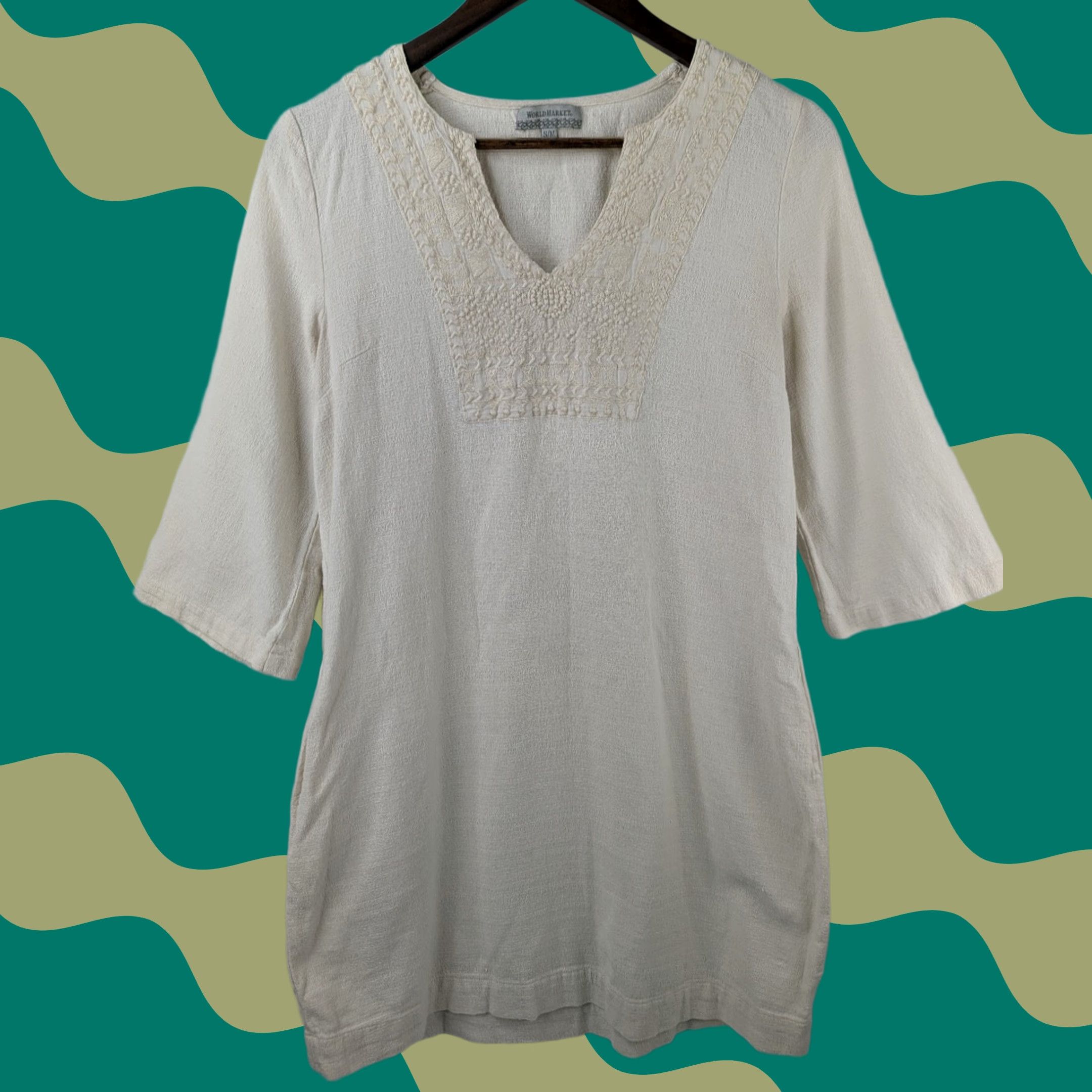 Vintage World Market Tunic V-Neck Embroidered Top Women's S/M Boho Cotton Coastal Ivory 3/4 Sleeve Shirt Womens Size S / US 4 / IT 40 - 1 Thumbnail
