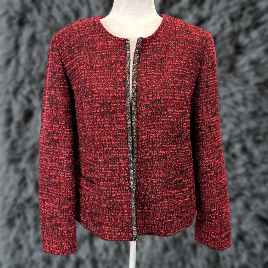 Vintage Chicos Blazer Red Tweed Jacket Sz 2 US Large Beaded Trim Open Front Career Size L / US 10 / IT 46 - 1 Thumbnail