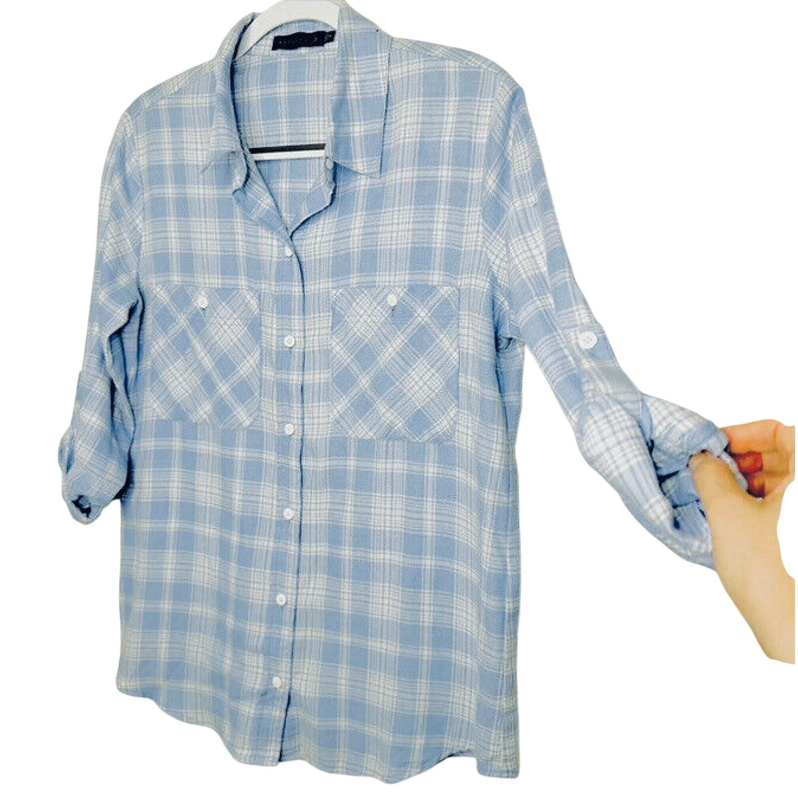 Other Sanctuary Blue Plaid Boyfriend Button Shirt Roll Tab Sleeves Size S / US 4 / IT 40 - 1 Thumbnail