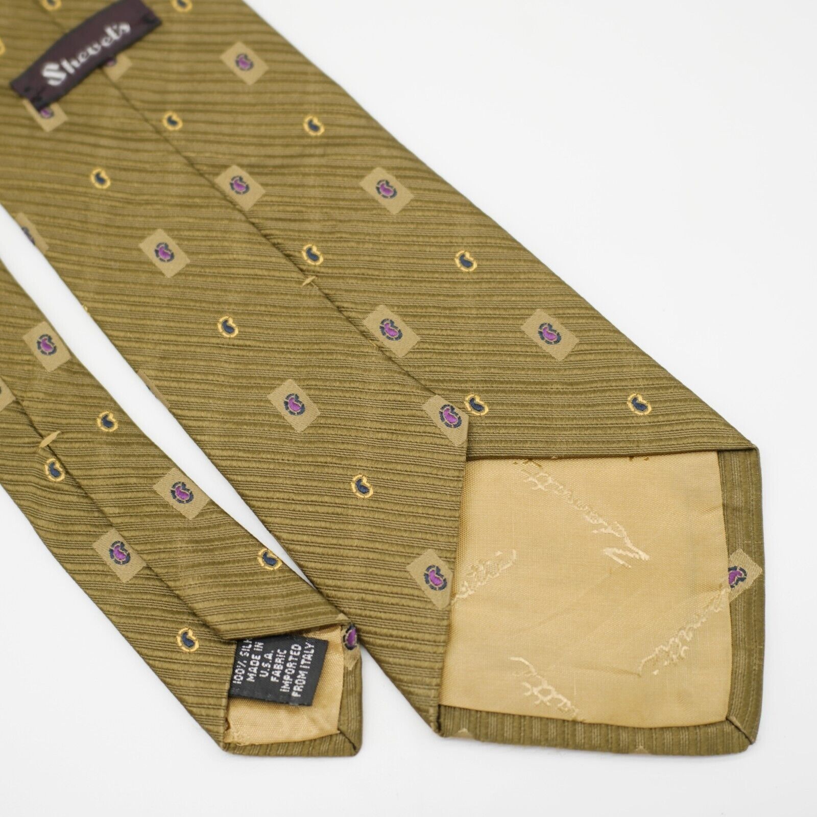 Vintage Shevel's Striped Paisley Green Beige Woven Wide Silk Tie USA Size ONE SIZE - 5 Thumbnail
