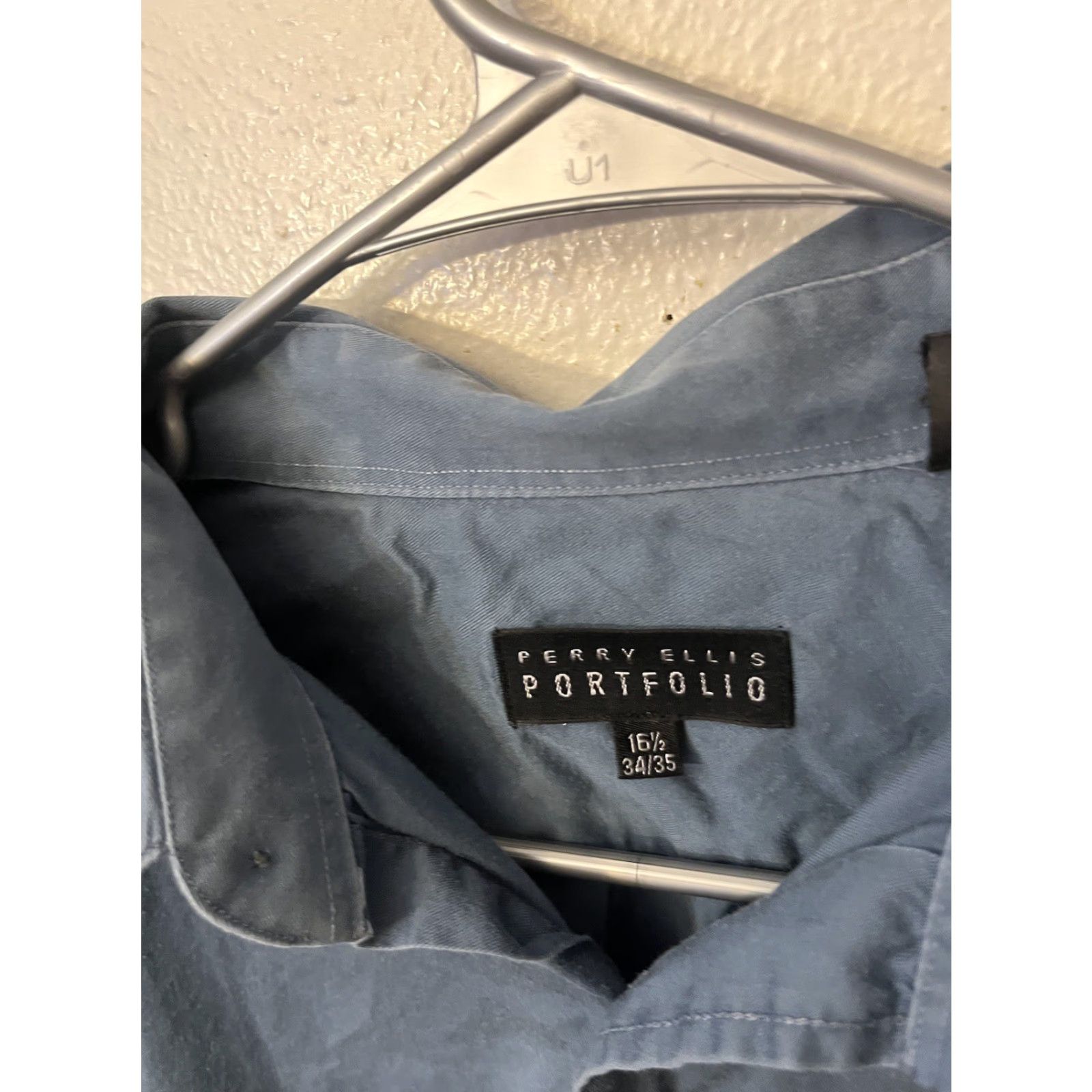 Perry Ellis Perry Ellis Shirt Men’s Button-Down Long Sleeve Blue Slim Fit Regular Size L 16.5 Button-Up Knit Cotton Spandex Size US L / EU 52-54 / 3 - 2 Thumbnail