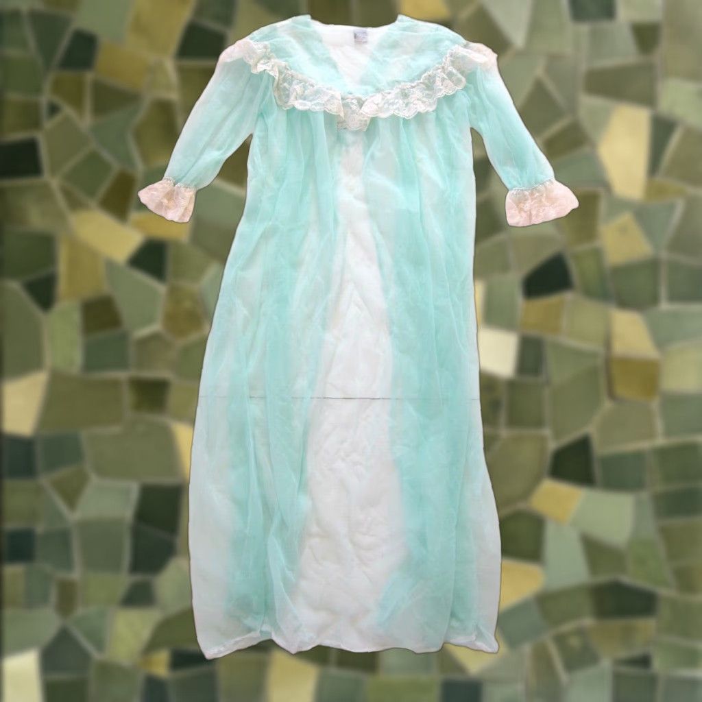 Vintage Vintage BB Teal Blue Ivory Lace Victorian Romantic Lingerie Long Robe Large BB Womens Robe XL Blue Lace Holiday Vintage Size ONE SIZE - 1 Thumbnail