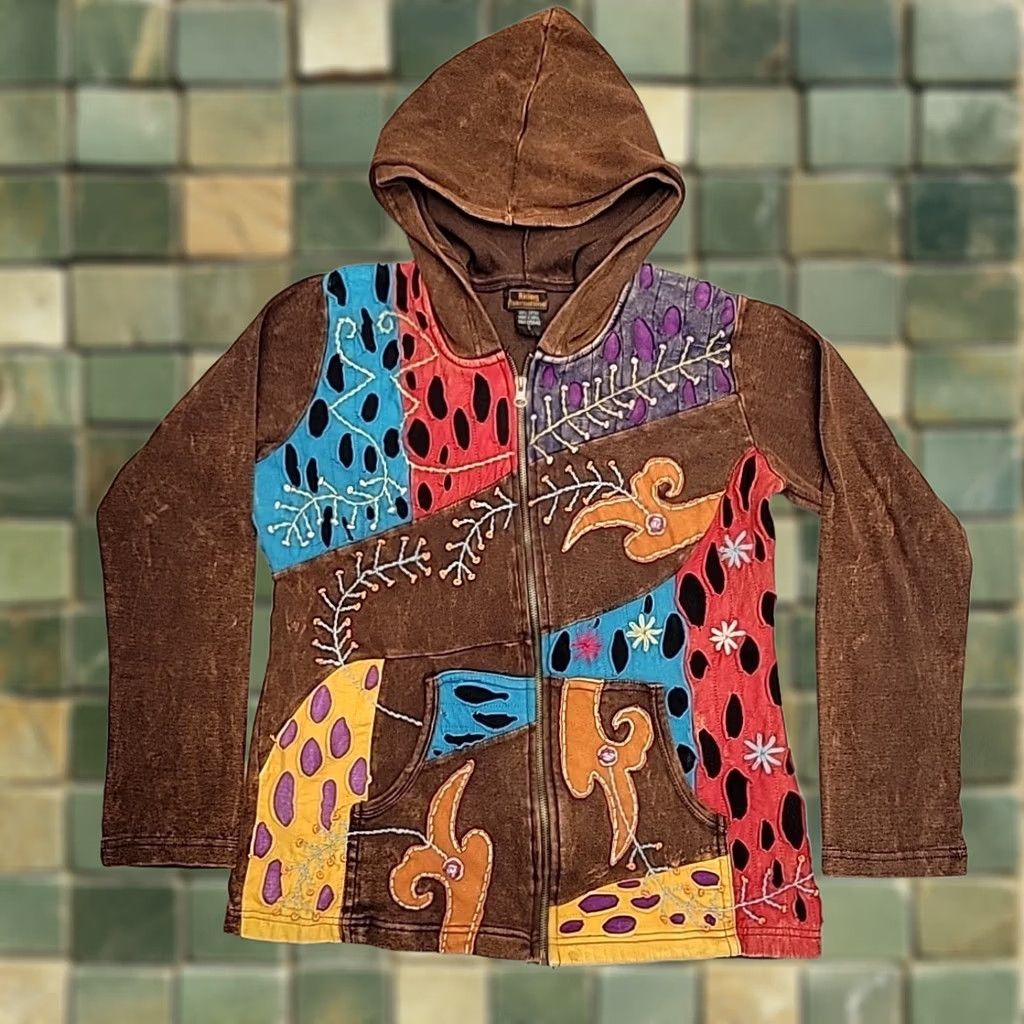 Vintage Rising International Hoodie Women Large Brown Full Zip Patchwork Boho Hippie Size L / US 10 / IT 46 - 1 Thumbnail