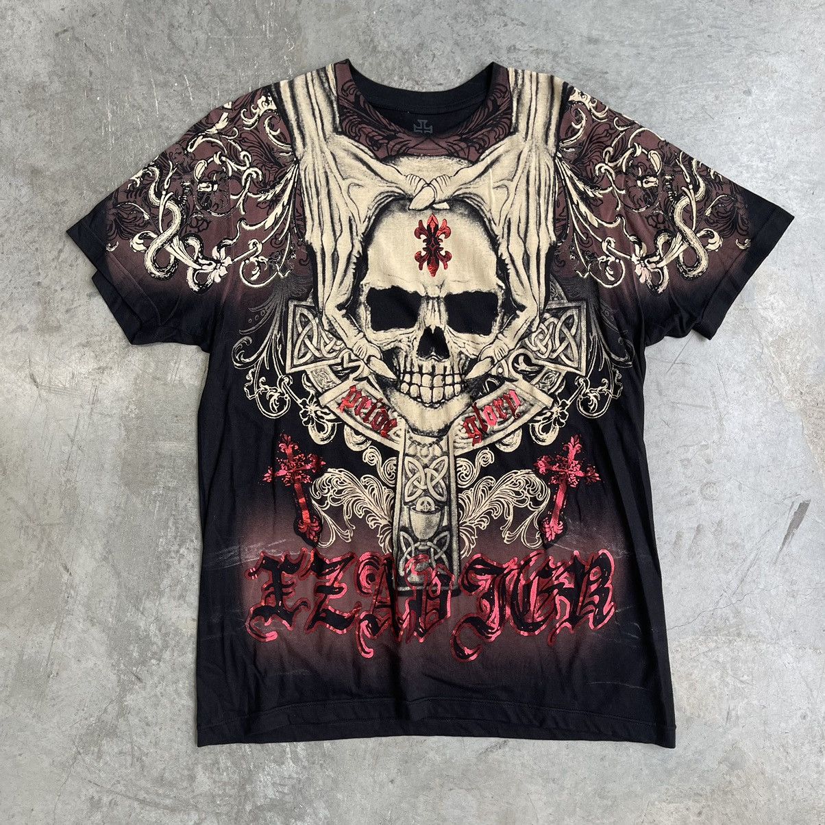 Vintage Crazy Y2K Skull Cross Affliction Style Xzavier Opium T Shirt ...