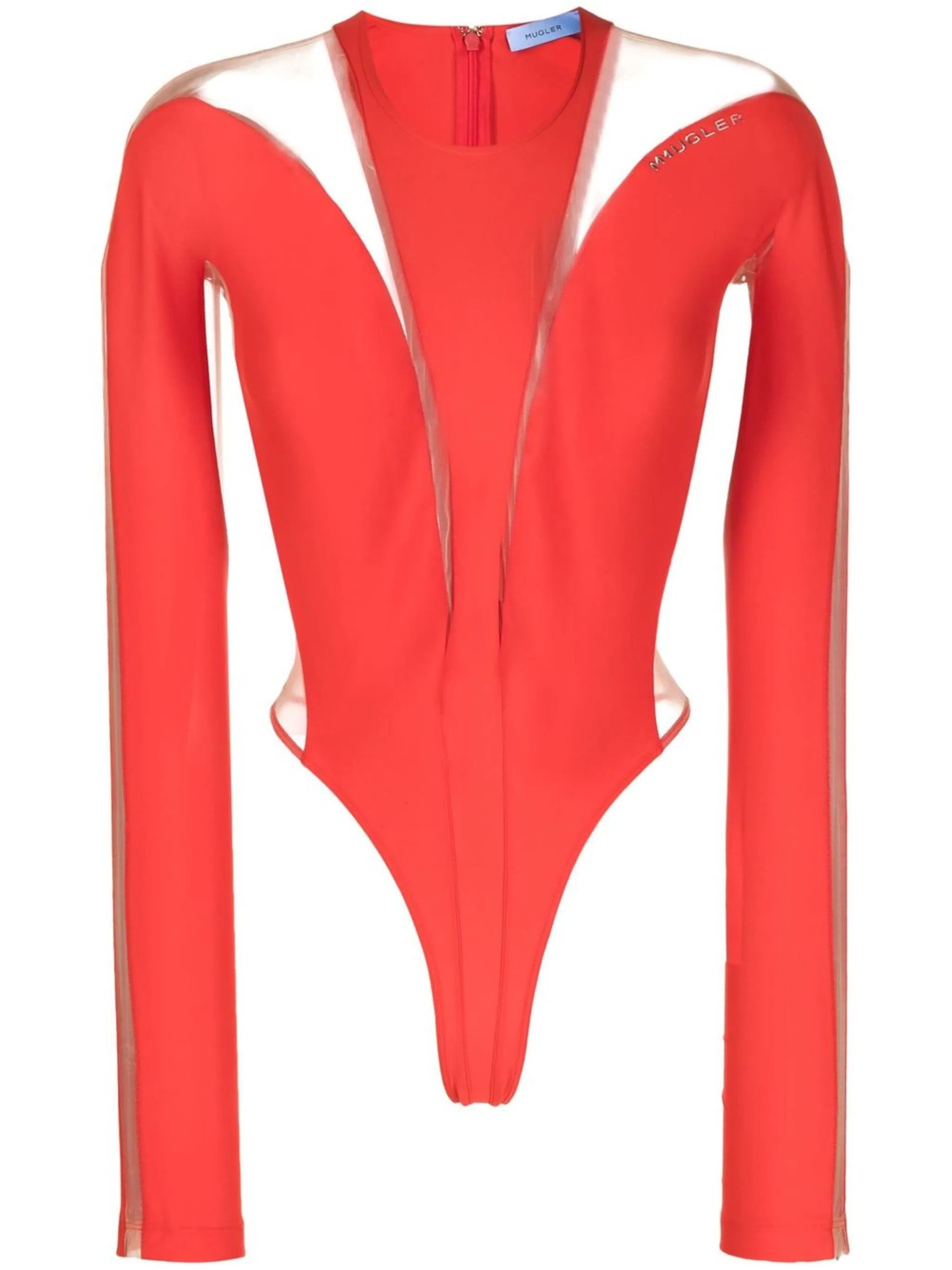 image of Mugler O1Mle0524 Long-Sleeve Sheer Bodysuit In Red, Women's (Size Small)