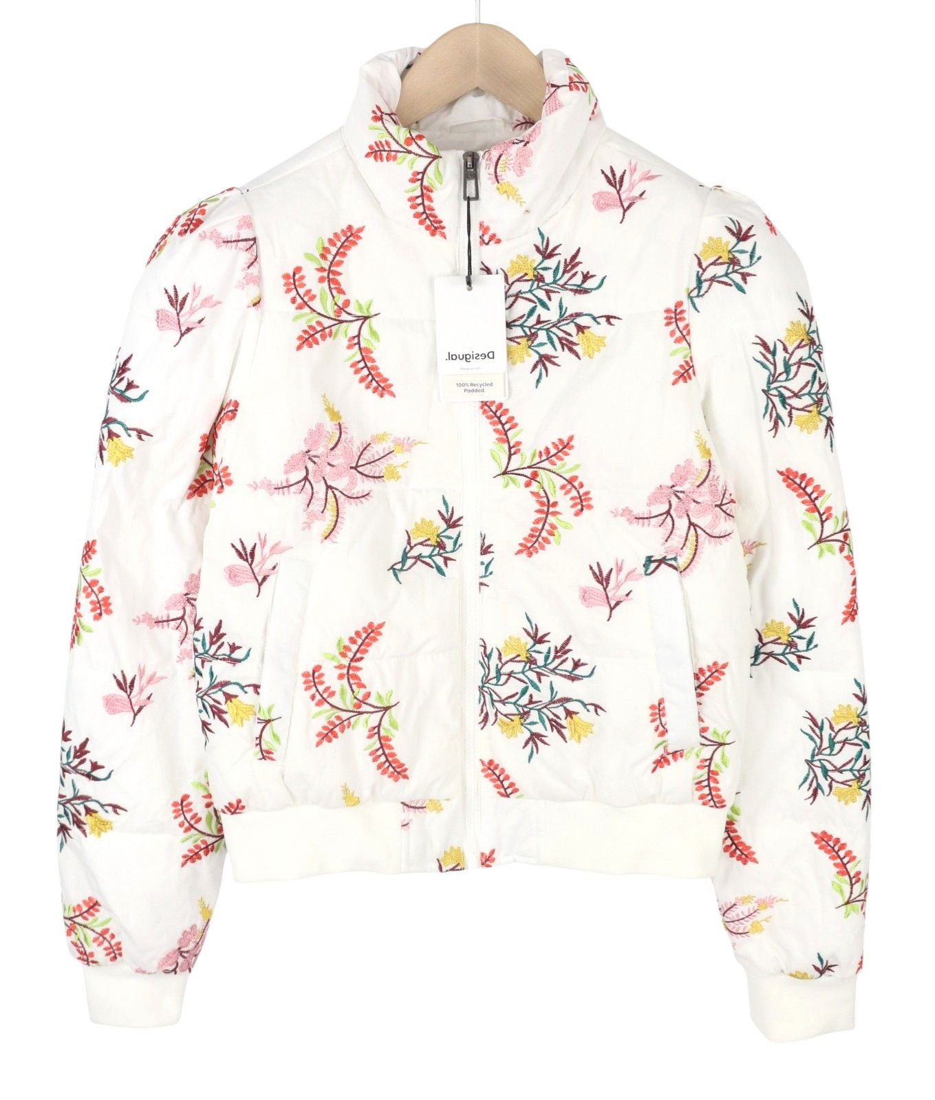 Desigual PADDED NICOLE XS White Embroidered Leafs Jacket 88711 Size XS / US 0-2 / IT 36-38 - 2 Thumbnail