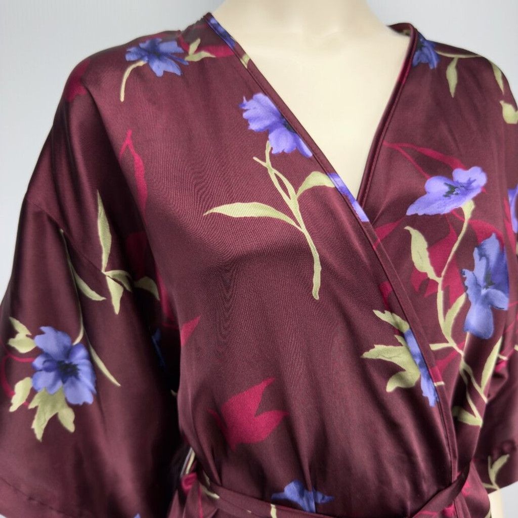 Other FASHION BUG Floral Kimono Robe Satin Knees Long Burgundy M Size ONE SIZE - 4 Thumbnail