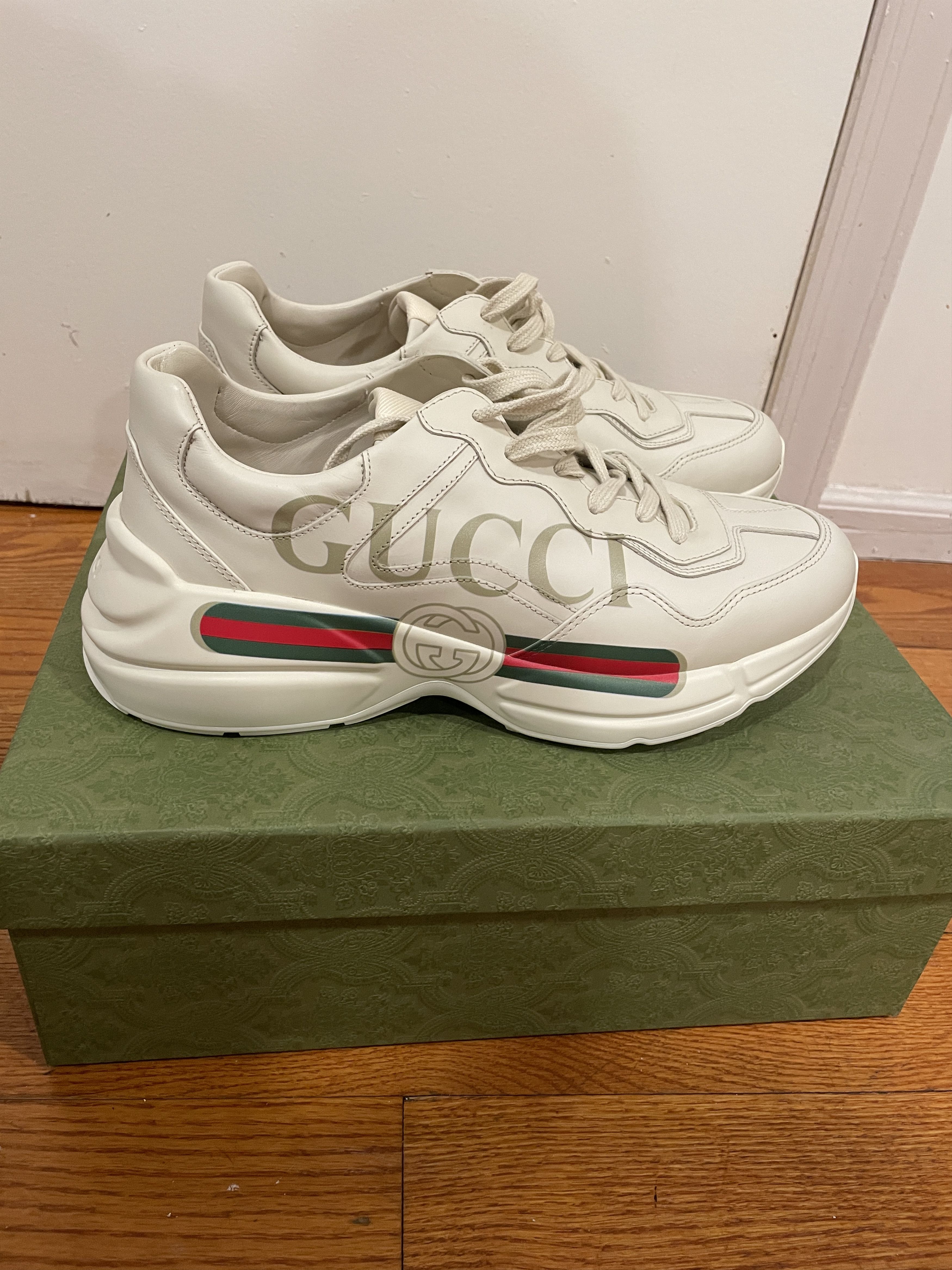 image of Men's Rhyton Gucci Logo Leather Sneaker in Off White (Size 9.5)