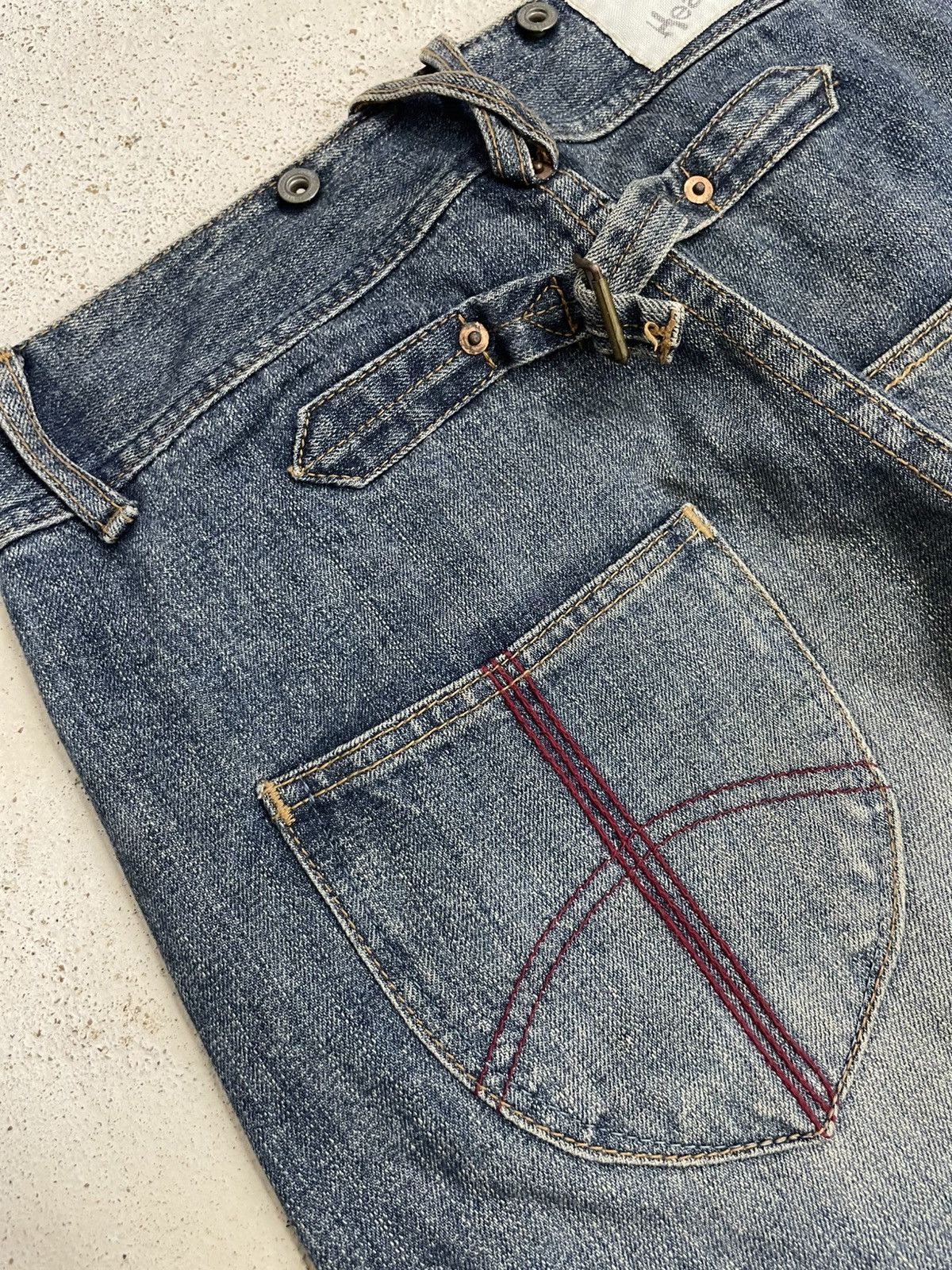Japanese Brand Heart Jeans Buckle Back Fold Denim Whisker Size US 29 - 17 Thumbnail