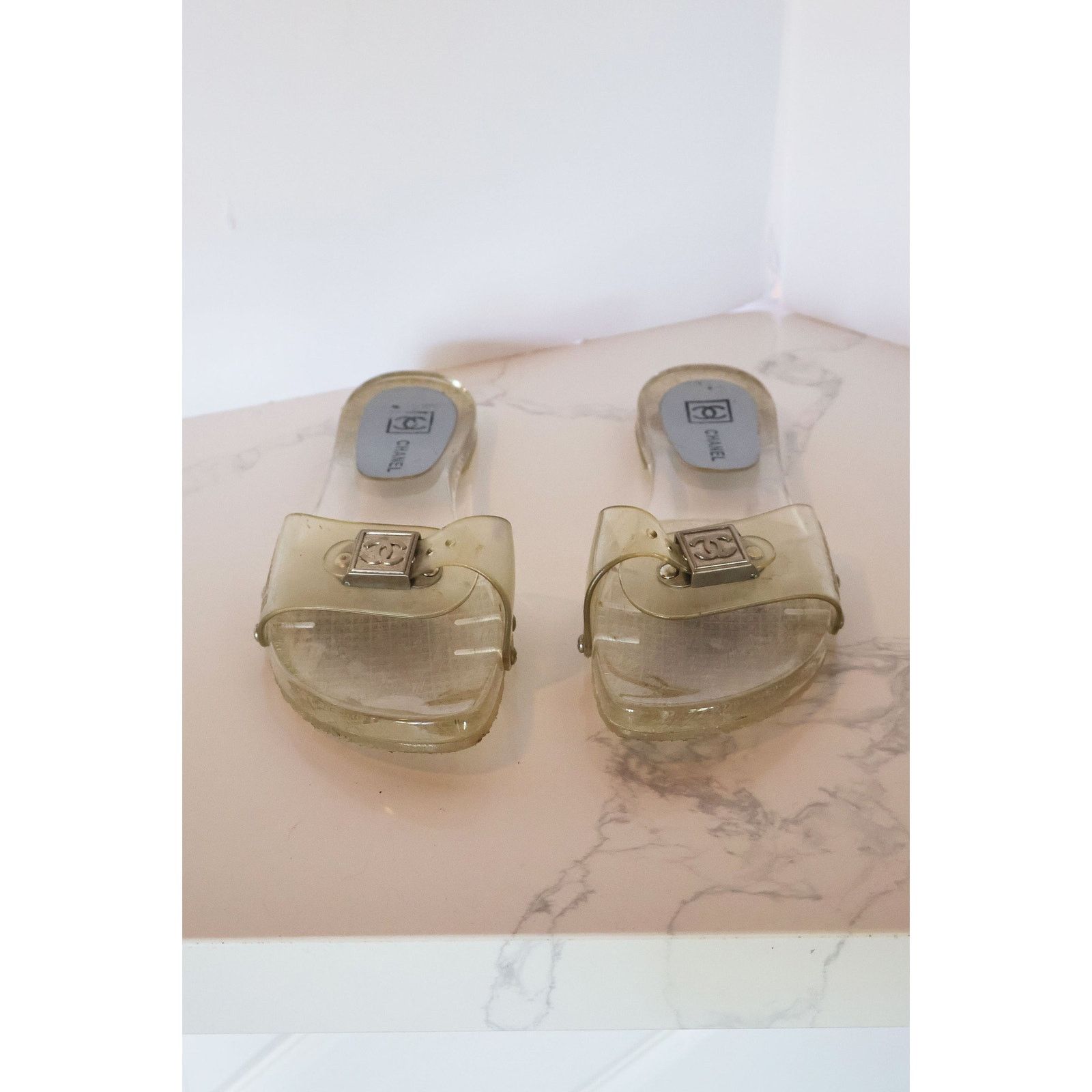 Chanel Vintage CHANEL Clear Interlocking CC Logo PVC Slides Size US 10 / IT 40 - 2 Thumbnail
