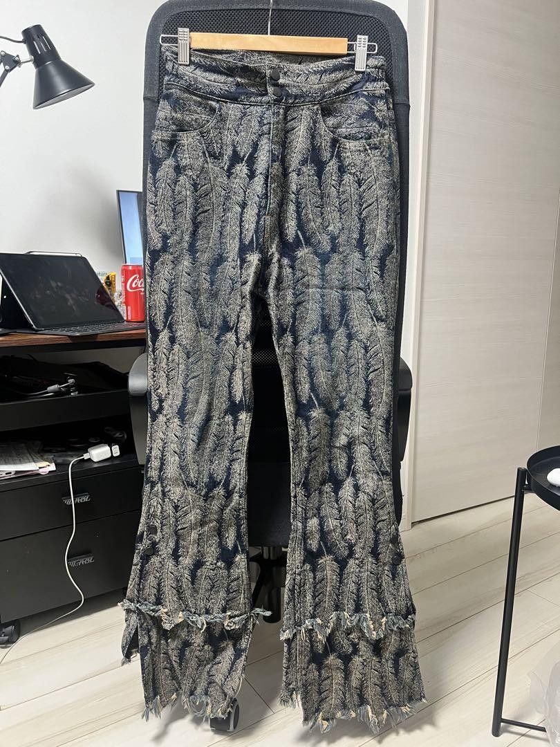 image of Kapital Bell Bottom Hemmed Feather Pants Blue 1, Women's (Size 29)