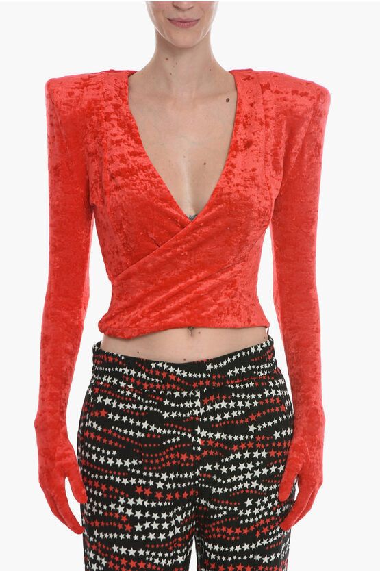 image of Vetements Wide V Neck Dynasty Velour Crop Top With Gloves in Red, Women's (Size Small)