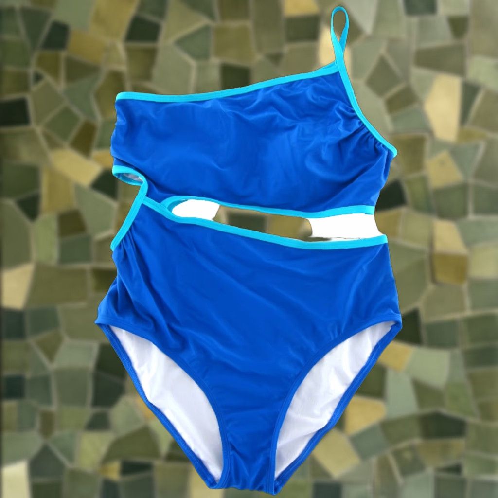 AQUA Aqua Couture Teal Blue One Shoulder Open Stomach One Piece Swimsuit L NWT Women Beach Reg Large Blue Pattern Solid Spaghetti Size ONE SIZE - 1 Thumbnail