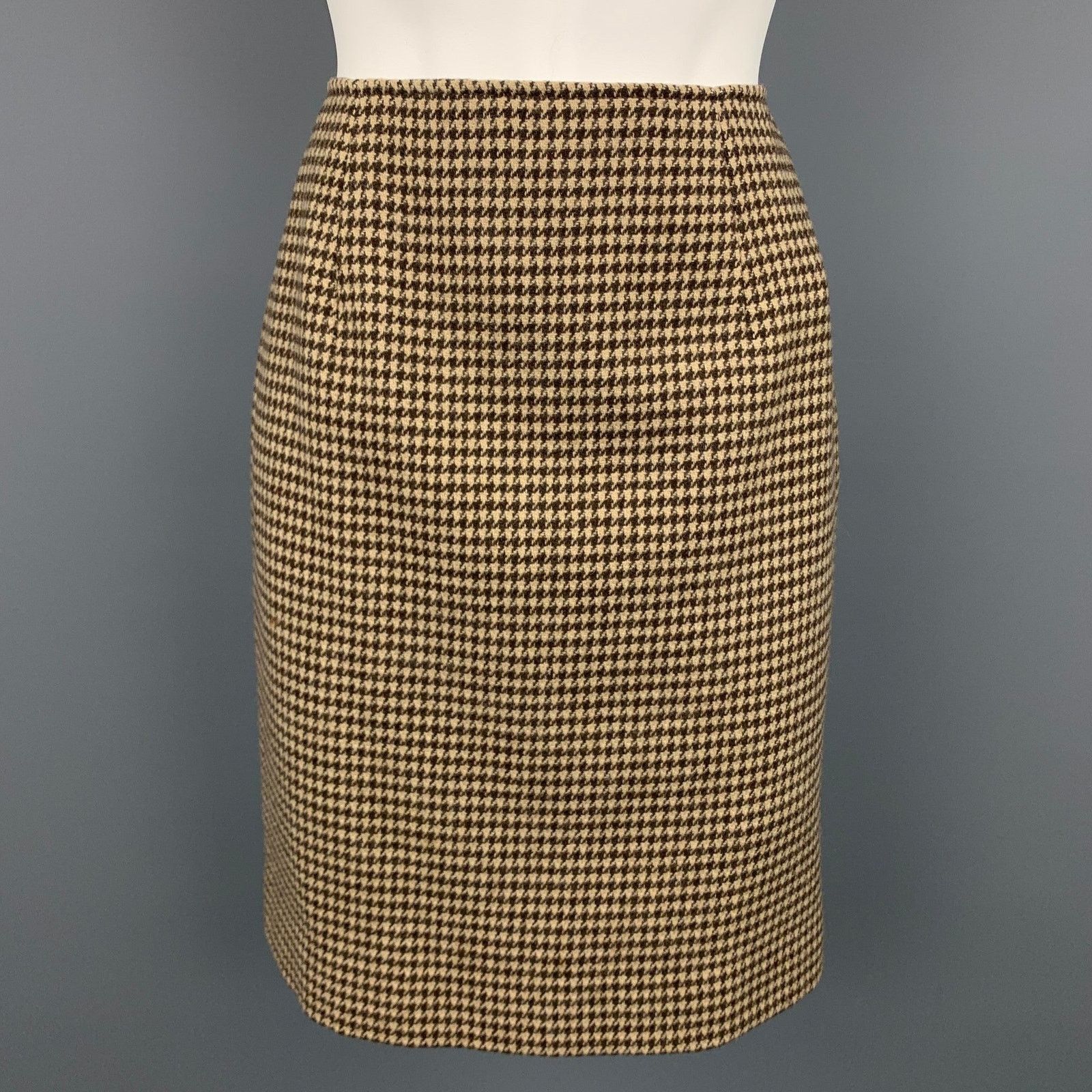 Ralph Lauren 8 Brown & Beige Houndstooth Wool Pencil Skirt Size 30" / US 8 / IT 44 - 1 Thumbnail