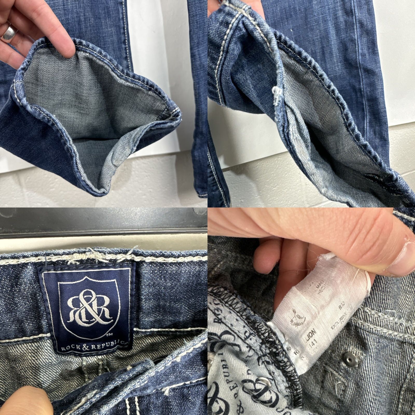 Vintage Rock & Republic Jeans Men's 34x32 Blue Denim Bootcut Medium Wash Distressed Straight 5-Pocket Size US 34 / EU 50 - 8 Thumbnail