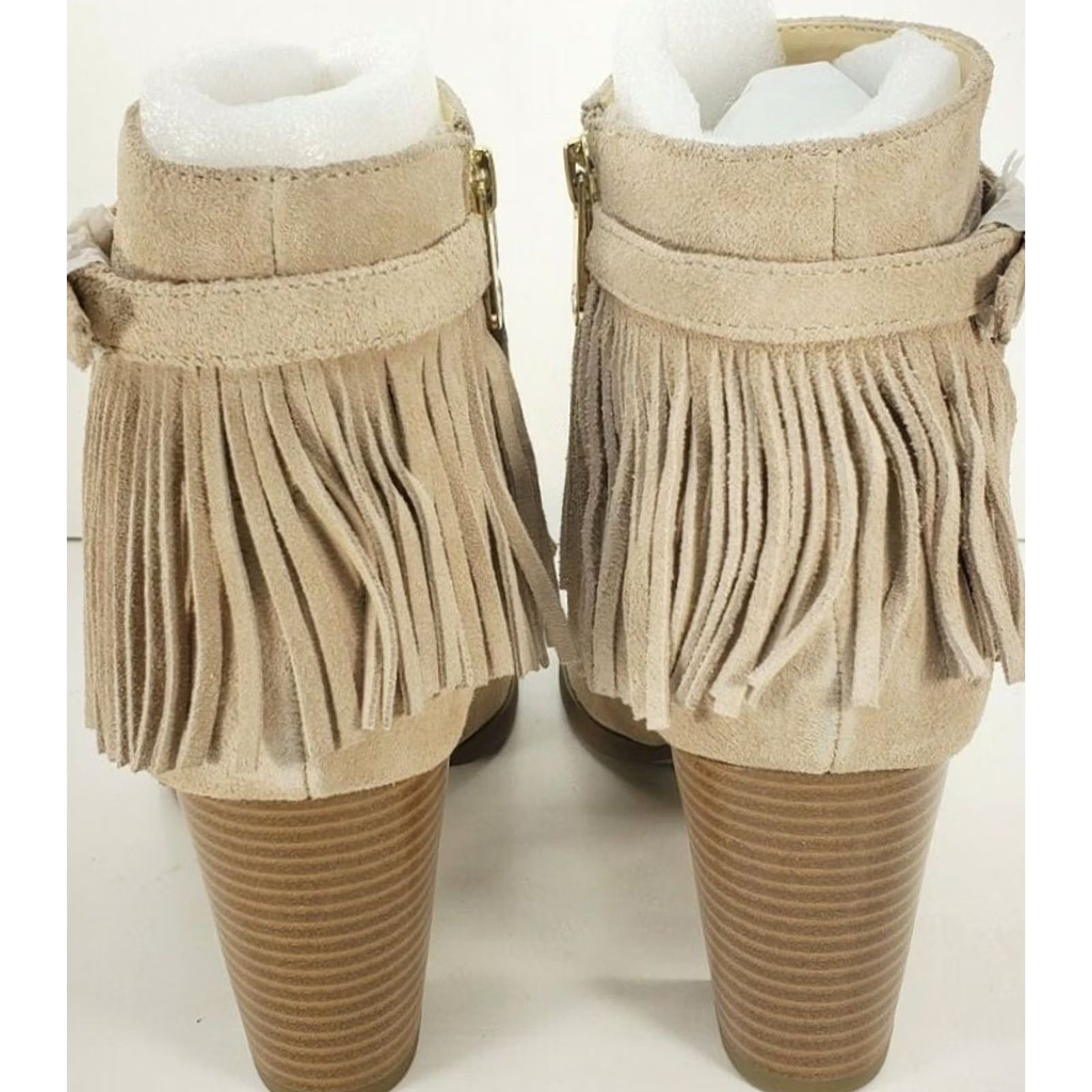 Vintage C. Wonder Willa Booties Fringe Zip Up Beige Leather Block Heel Khaki 9.5M Womens Bootie Size ONE SIZE - 6 Thumbnail