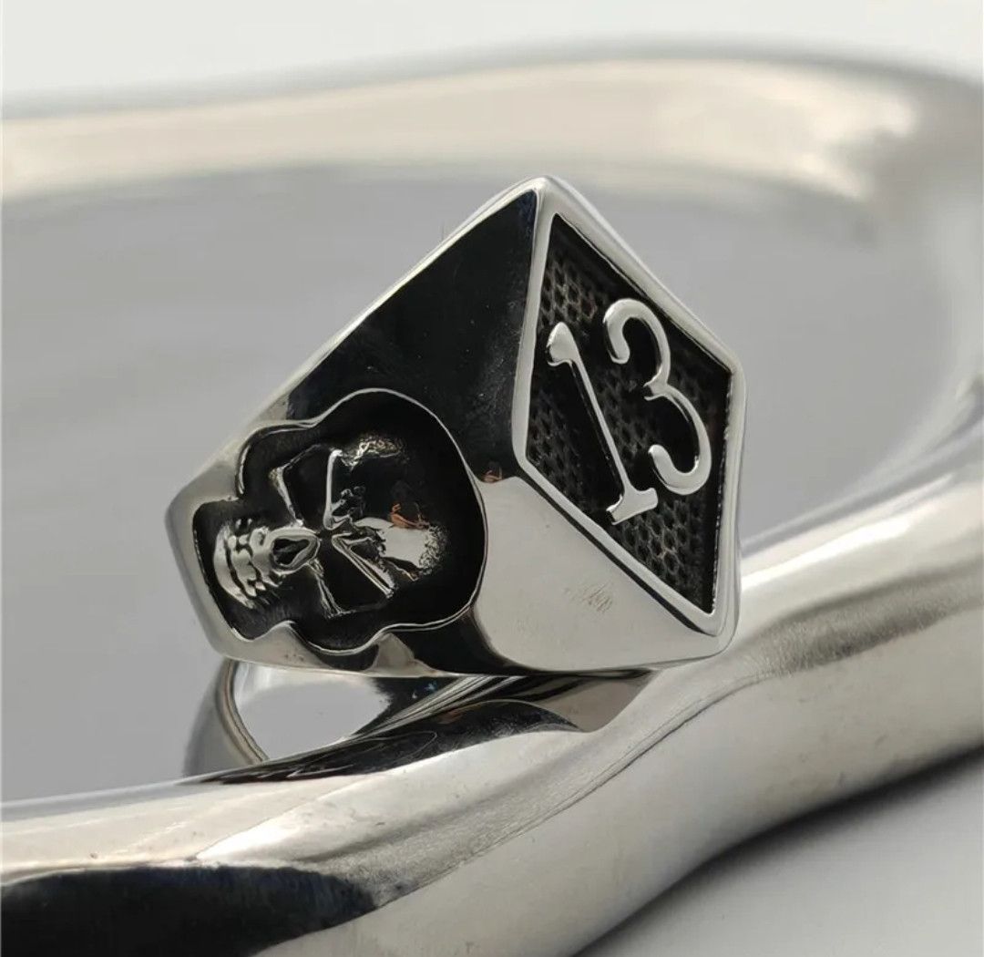 Jewelry Number 13 Solid Skull Ring Stainless Steel Punk Skeleton Size ONE SIZE - 1 Thumbnail