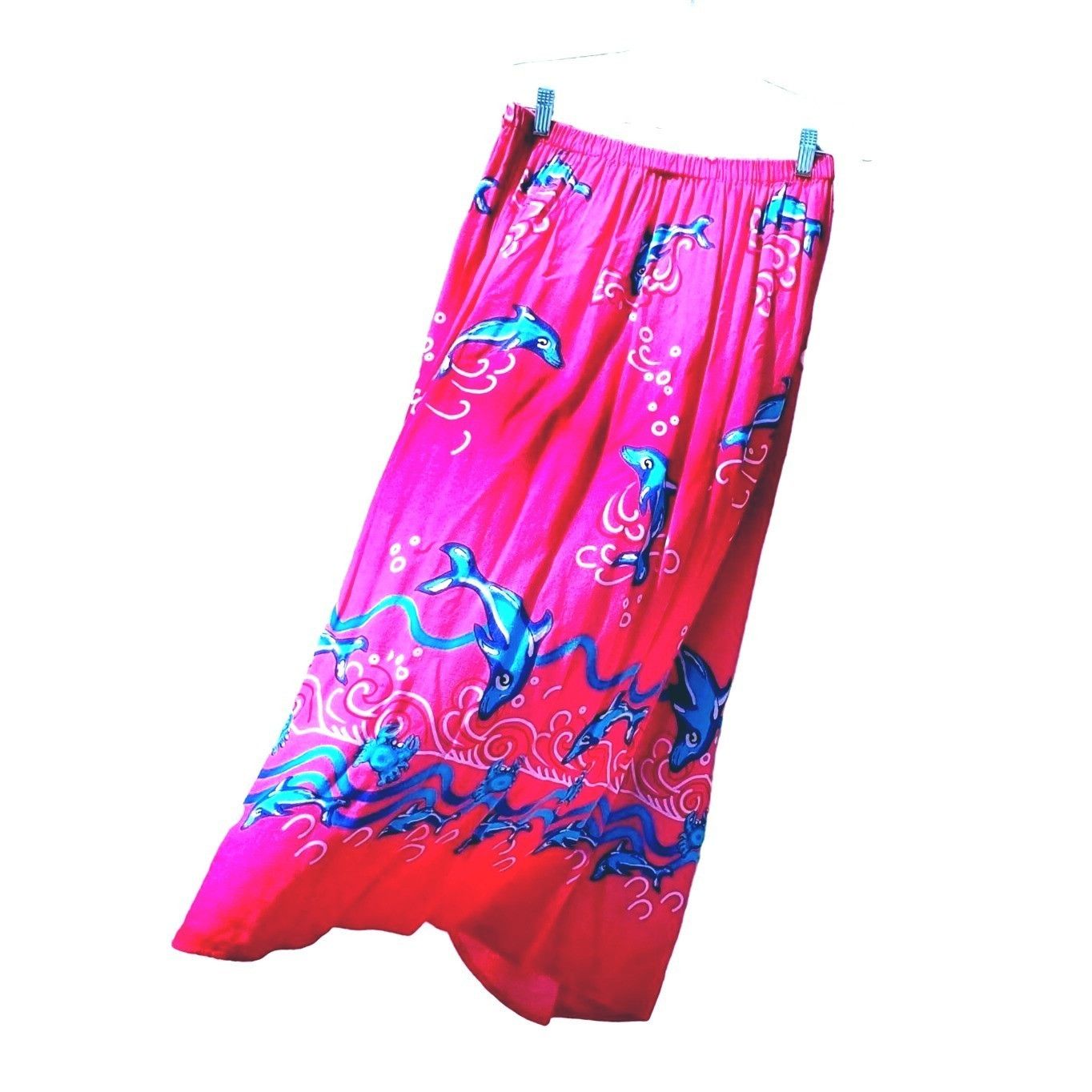 Other Midi Skirt Summer Pink Rayon Medium Blue Dolphins Curved Hem Size 32" / US 10 / IT 46 - 1 Thumbnail