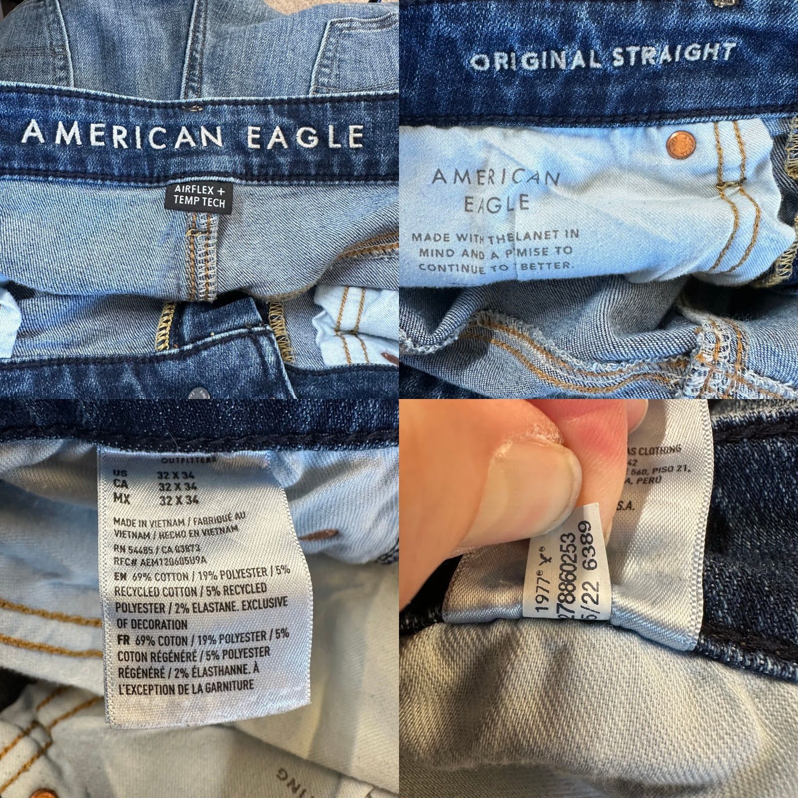 Vintage American Eagle Jeans Slim 33 Blue Denim Mens Waist 33 Inseam 32 Temp Tech Airflex+ 5-Pocket Size US 33 - 8 Thumbnail