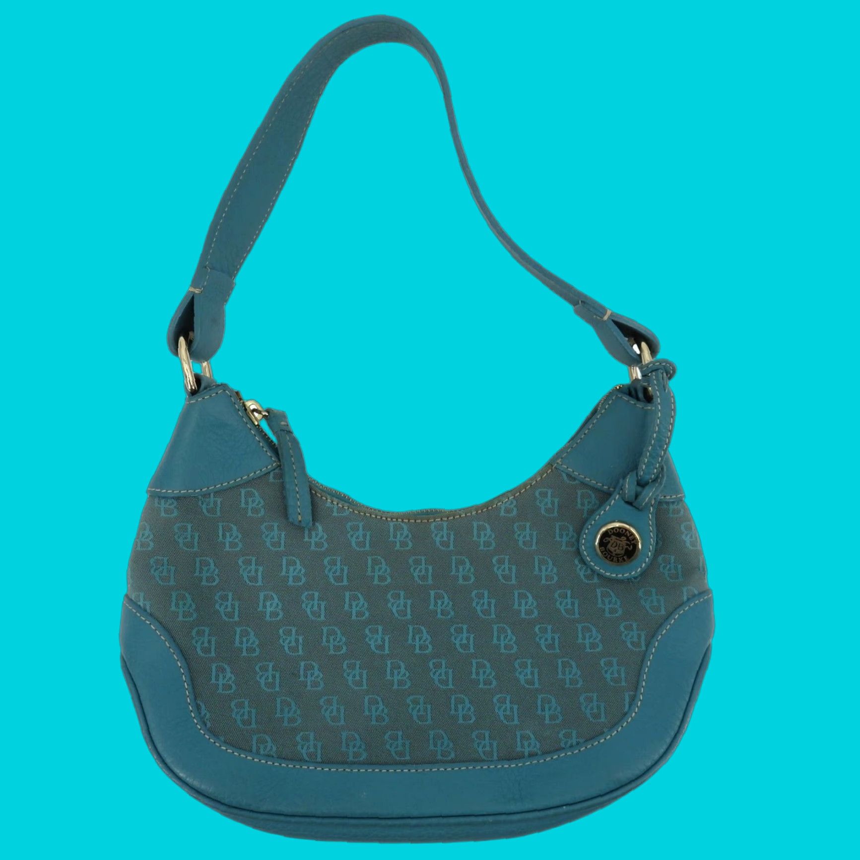VINTAGE Dooney & Bourke Signature DB Logo Jacquard Hobo Shoulder Bag Blue Leather Y2K