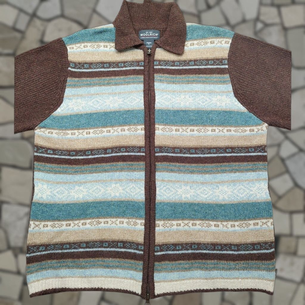 VINTAGE Woolrich Aztec Womens Full Zip XL 100% Wool Sweater Jacket Striped Brown