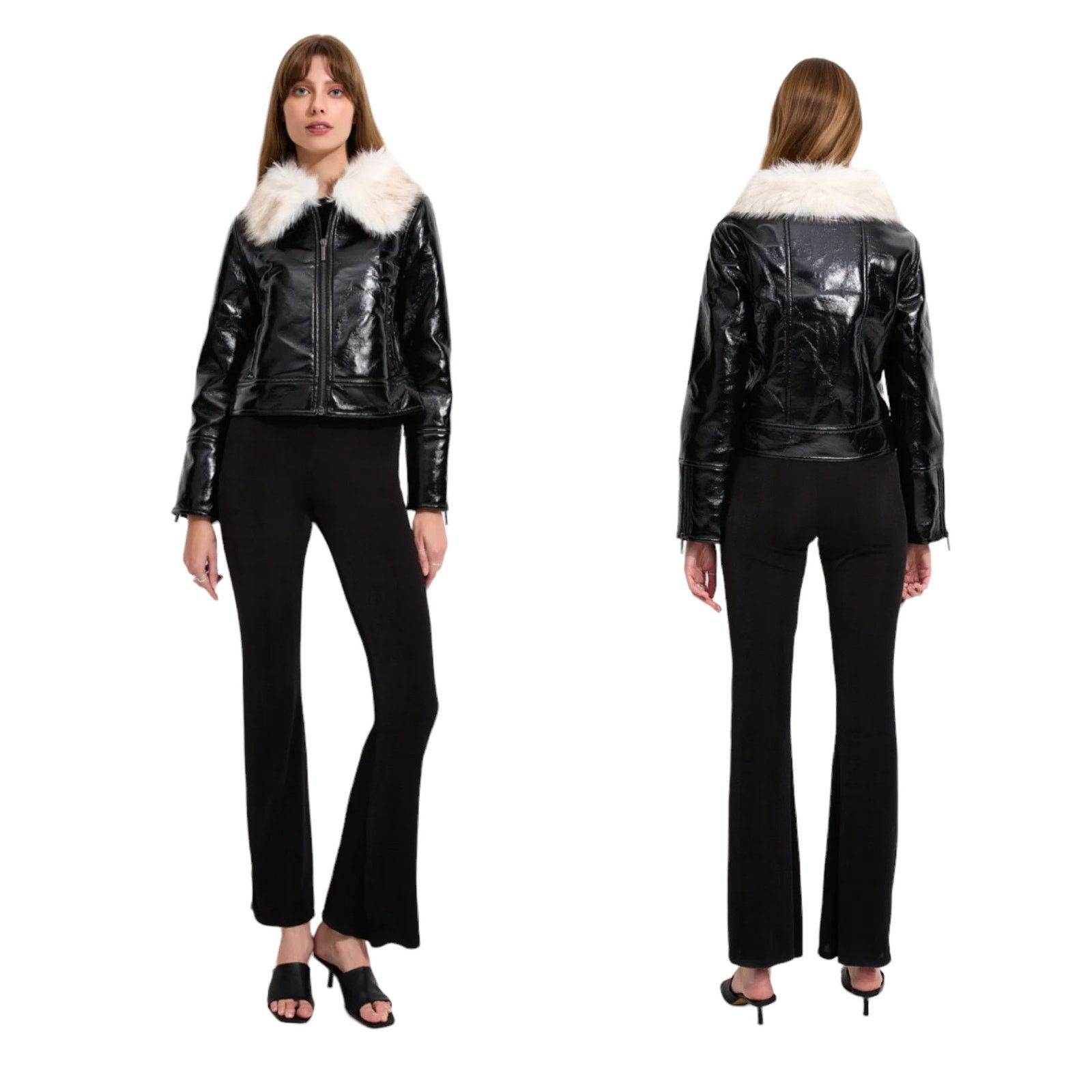 image of Unreal Fur Wet Look Aviator Biker Jacket Faux Leather Small in Black, Women's