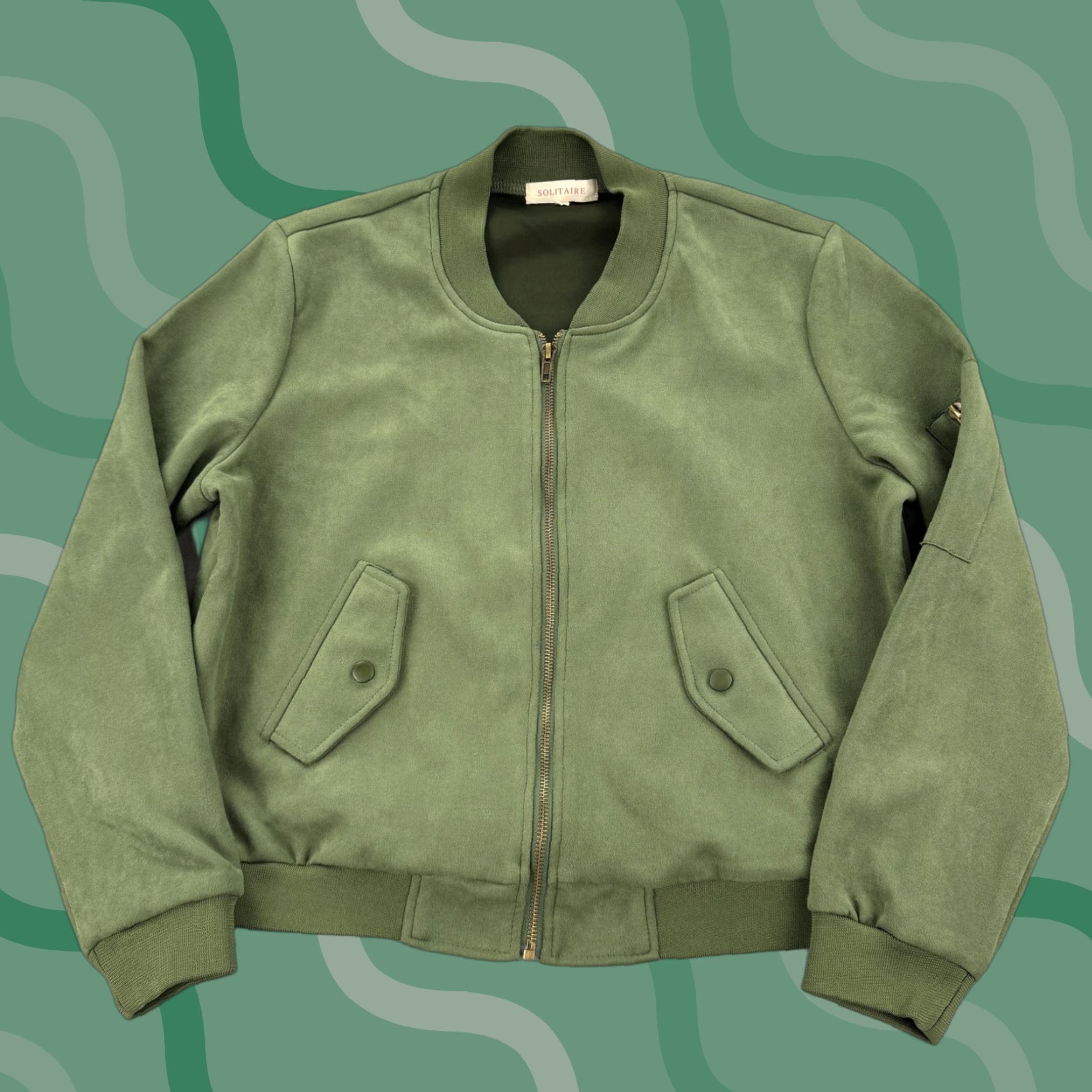 Anthropologie VINTAGE: No — (Skip) Solitaire Jacket Womens Large Olive Green Suede Look Bomber Zip Front Pockets Classic AnthroPologie Size L / US 10 / IT 46 - 1 Thumbnail