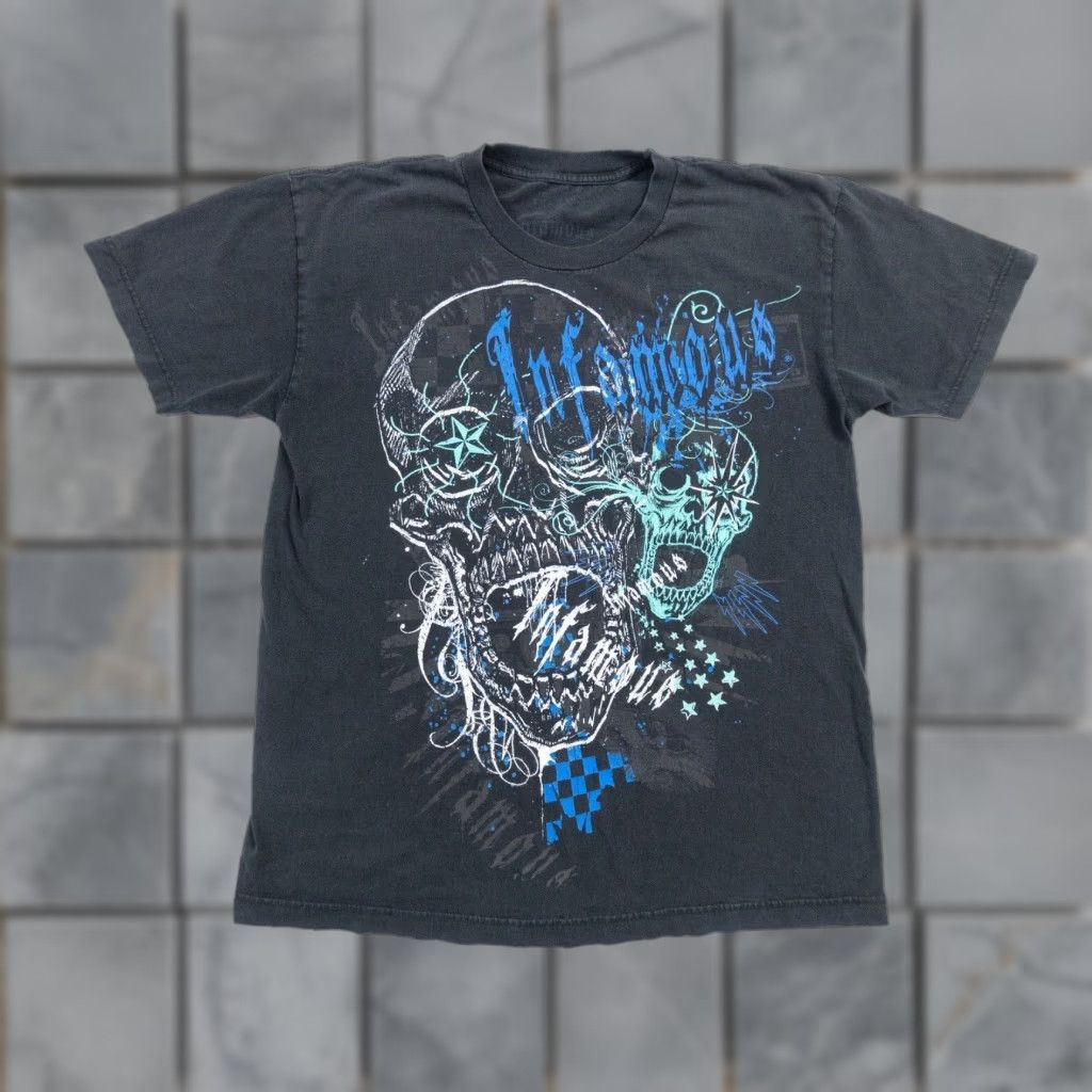 Vintage VINTAGE Infamous Mens T-Shirt Short Sleeve Crew Neck Black Grunge Skeleton Skull Y2K Graphic Size US L / EU 52-54 / 3 - 1 Thumbnail