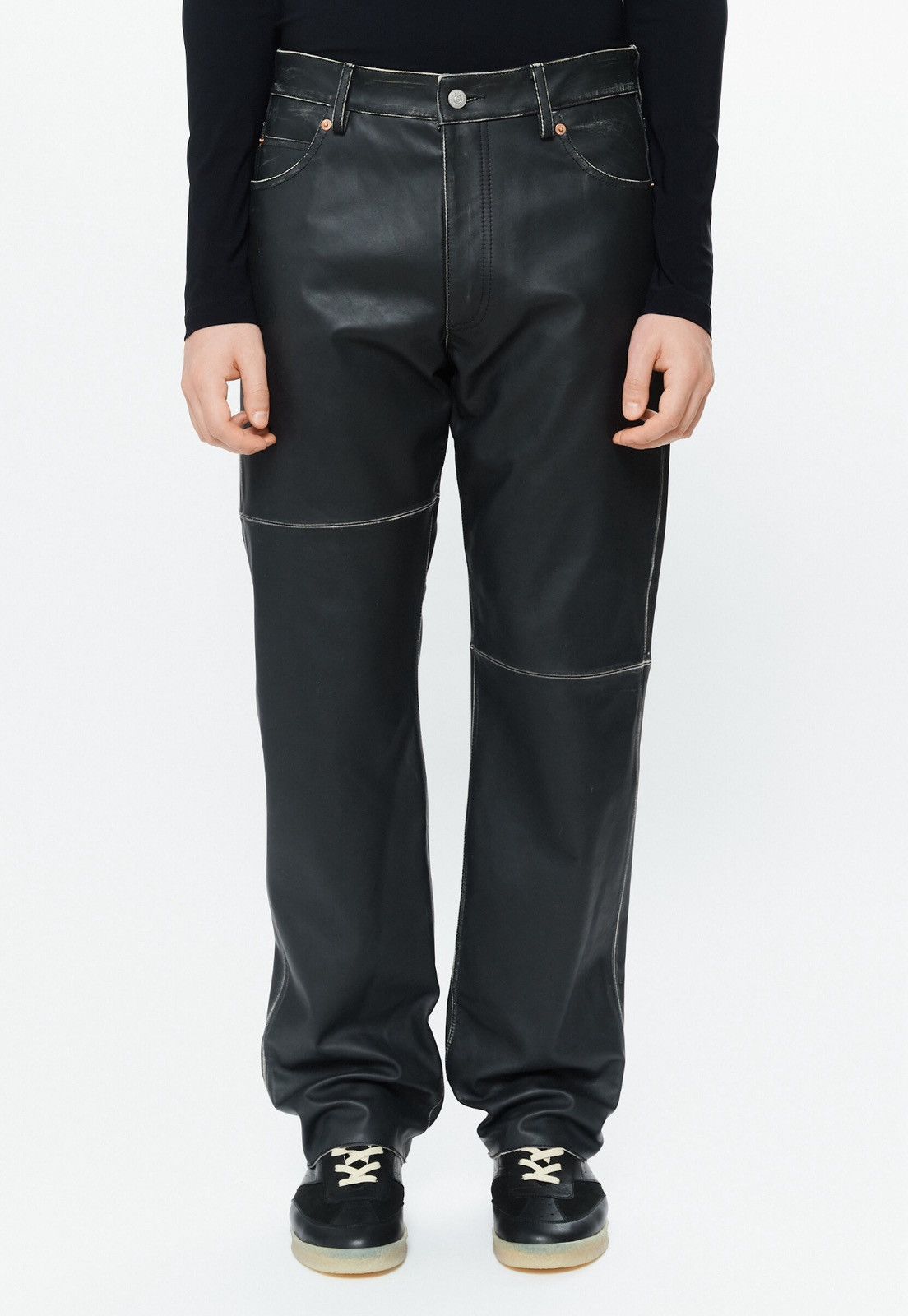 image of Last Size Mm6 Maison Margiela Leather Men’S Pants in Black, Men's