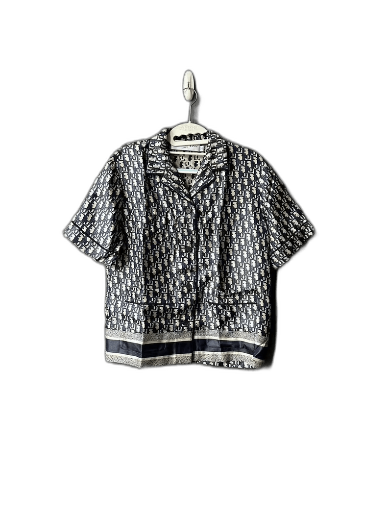 Dior Navy Blue Silk Printed Short Sleeve Shirt