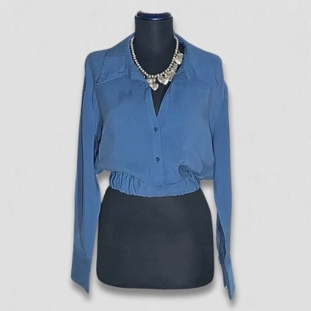 Zara NWOT Zara Cropped Blouse Elastic Waist Blue long sleeves S Size S / US 4 / IT 40 - 1 Thumbnail