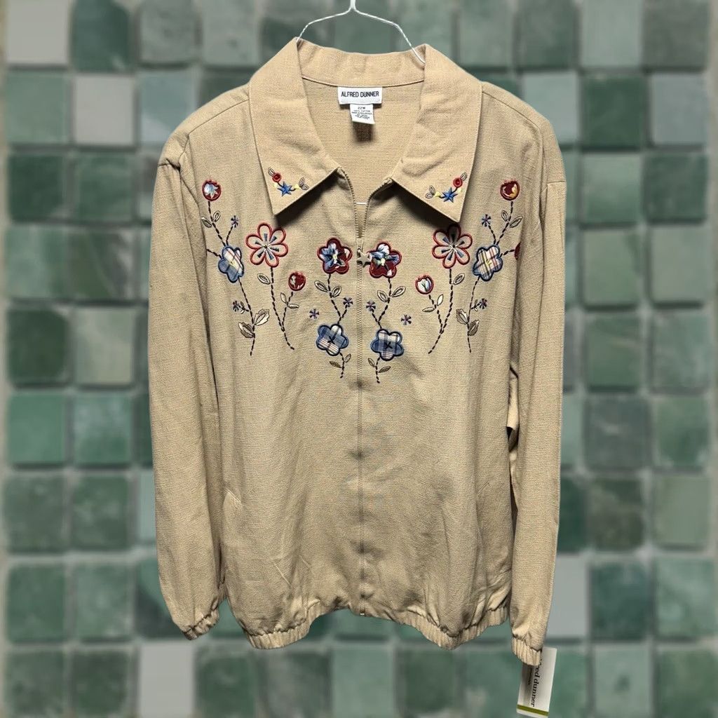 Vintage Alfred Dunner Women's Jacket Tan Embroidered Flowers Size 22 Size 3XL / US 20-22 - 1 Thumbnail