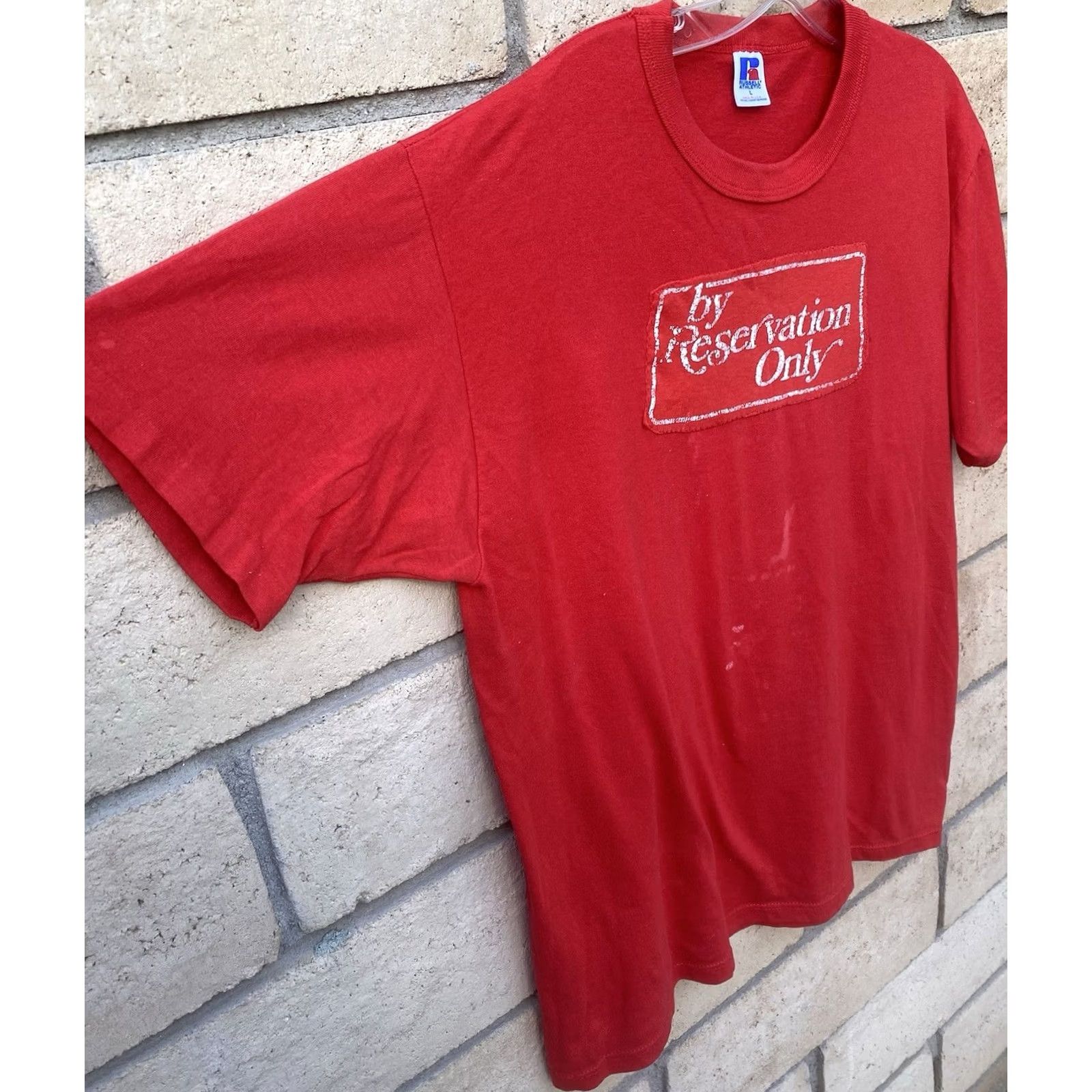 Vintage VINTAGE Russell Athletic By Reservation Only T Shirt Red L Mens 80s 90s Graphic Print Short Sleeve Crew Neck Size US L / EU 52-54 / 3 - 5 Thumbnail
