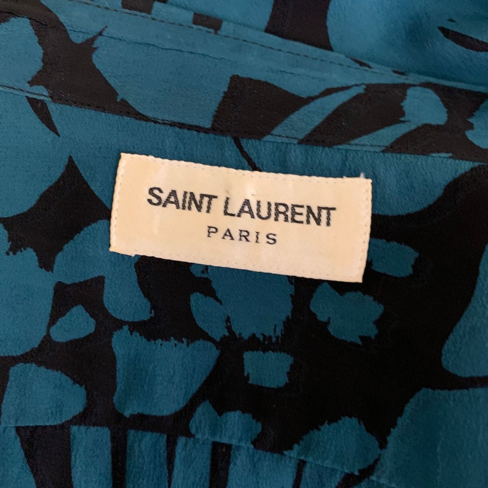 Saint Laurent Paris SAINT LAURENT S Turquoise Black Abstract Floral Silk Shirt Size US S / EU 44-46 / 1 - 5 Thumbnail