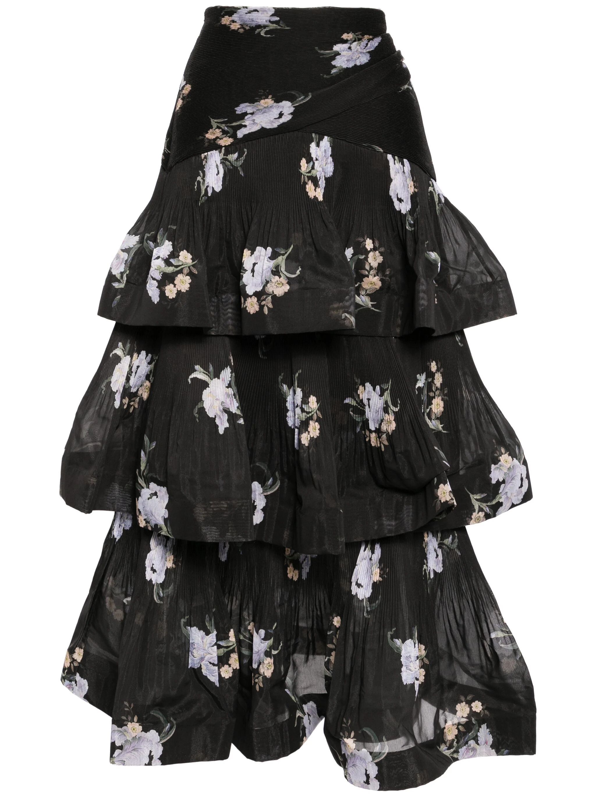 Zimmermann o1s22i1n1024 Floral Print Pleated Ruffle Skirt in Black Size 28" / US 6 / IT 42 - 1 Thumbnail