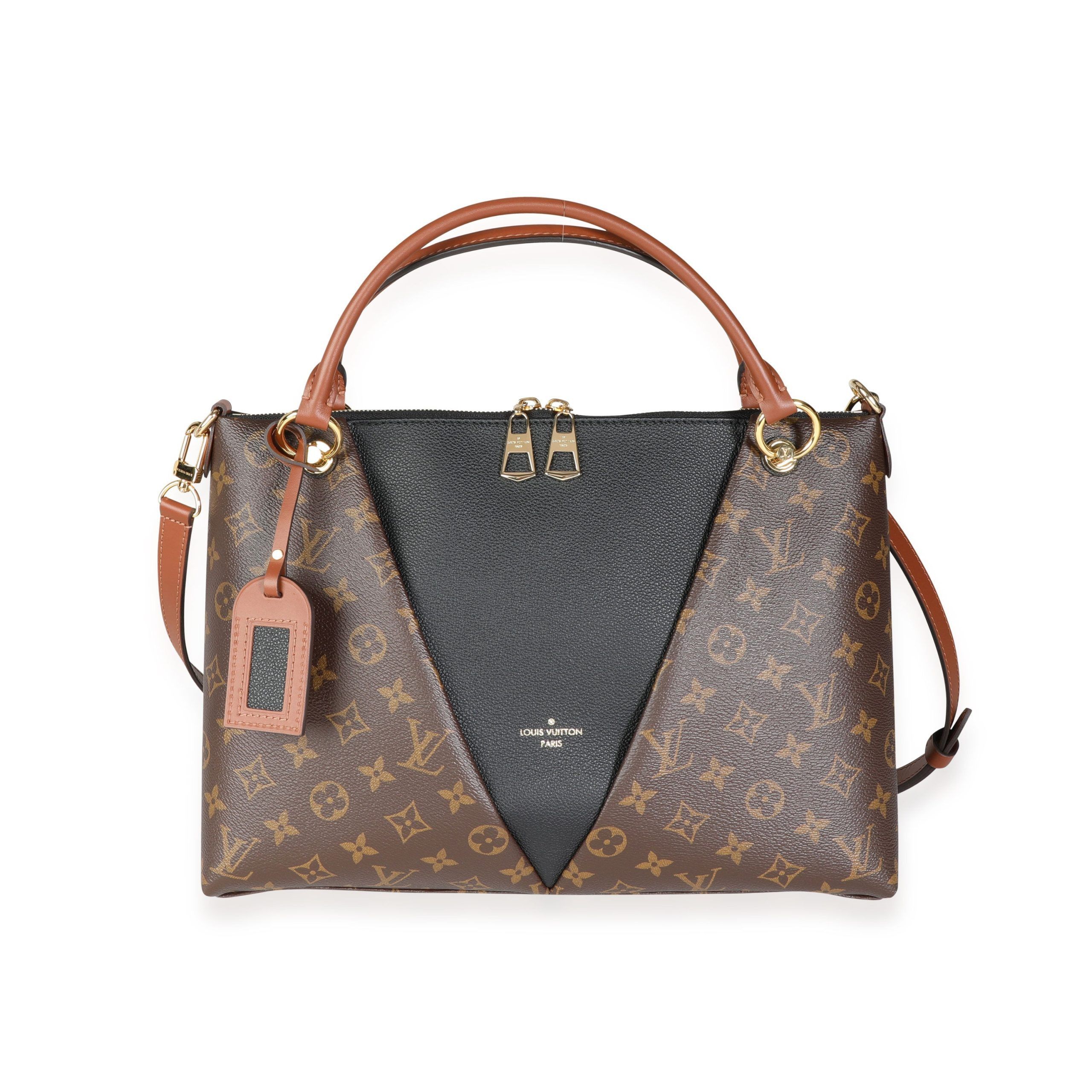 image of Louis Vuitton Monogram Canvas & Black Leather V Tote Mm in Brown, Women's