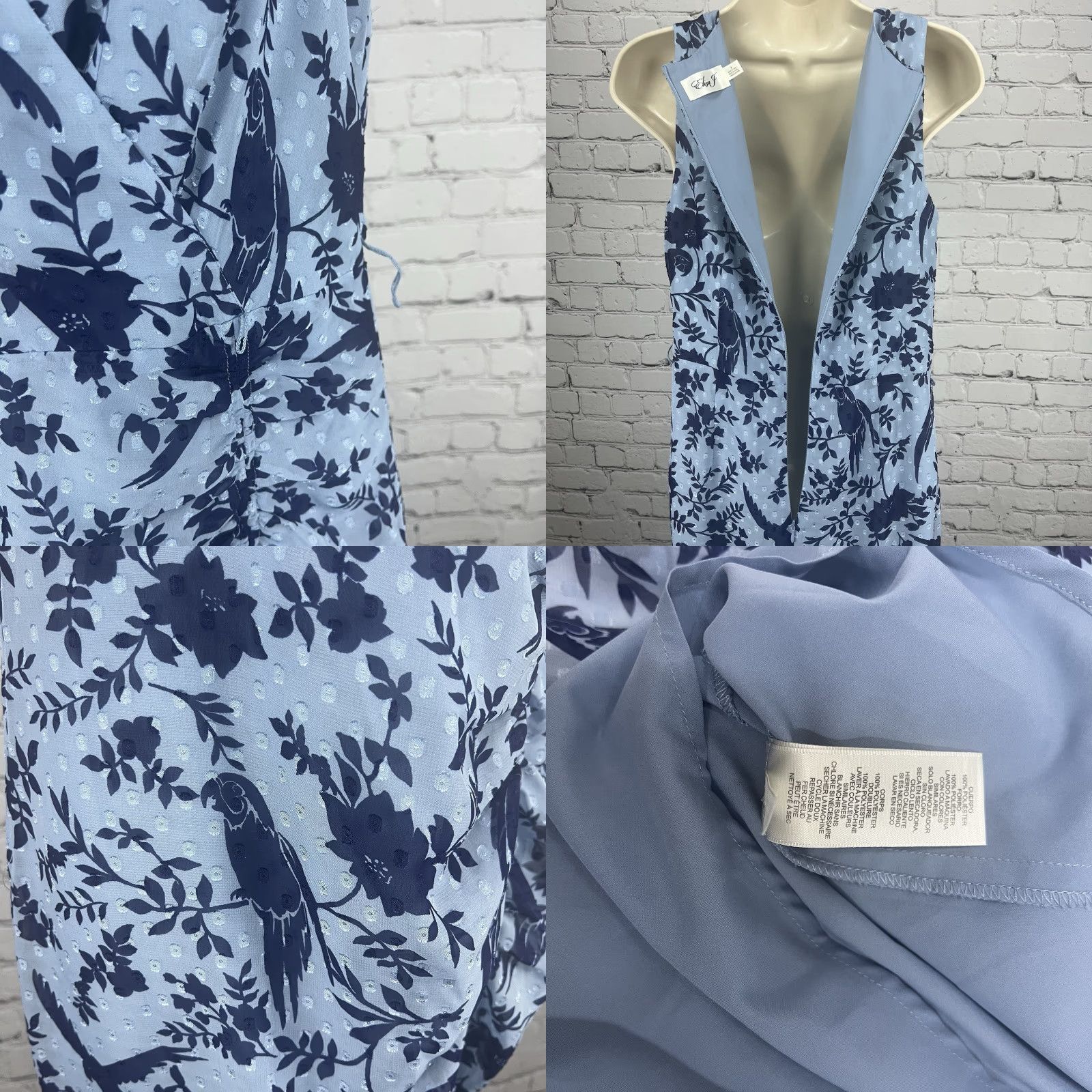 Vintage Eliza J Dress Blue Macaw Bird Floral Sleeveless Textured Ruching Midi Trumpet V-Neck Zip 8 Womens Party/Cocktail, Bridal, Formal, Casual, Wedding Size M / US 6-8 / IT 42-44 - 8 Thumbnail